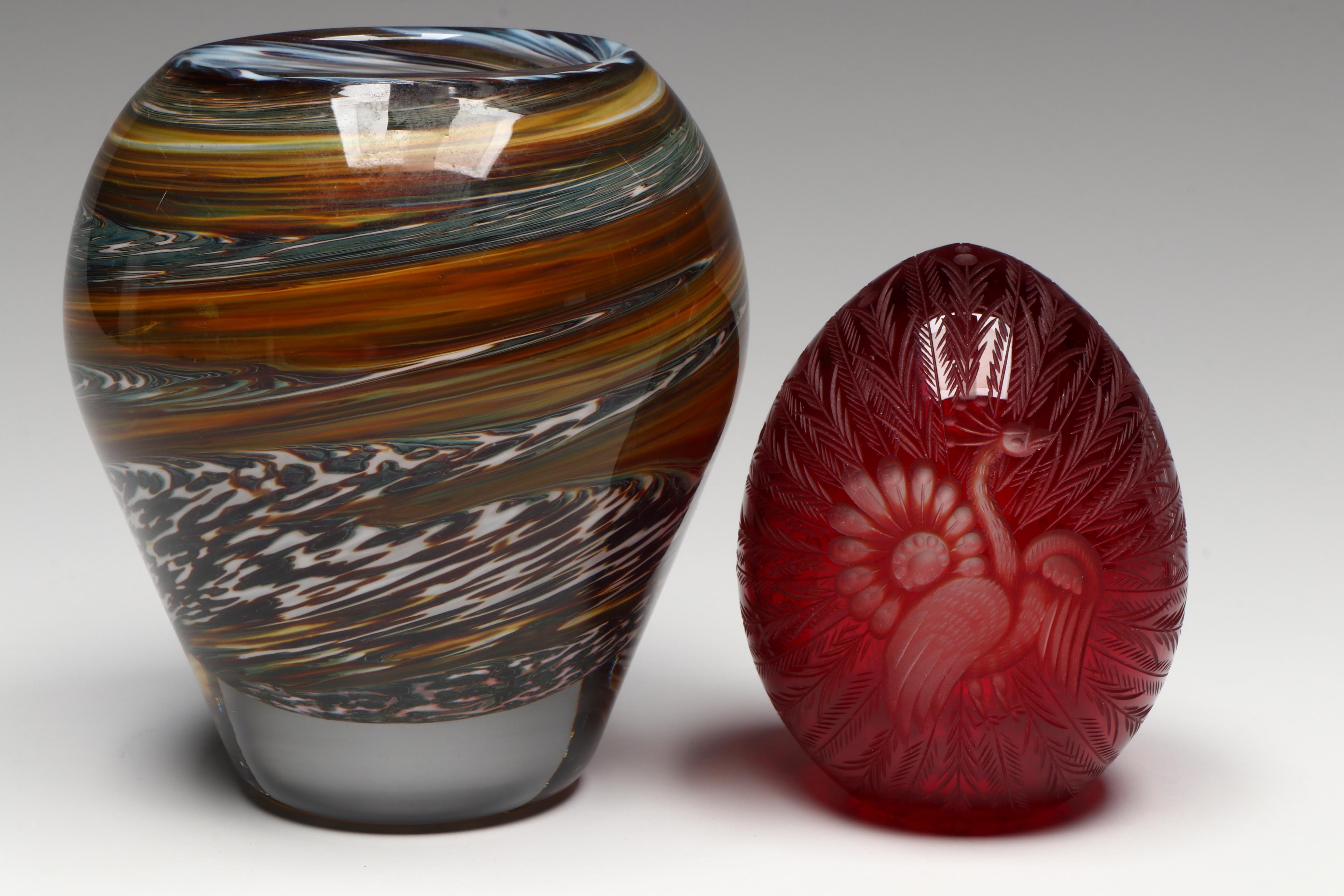 Orrefors "Orion" Crystal Bowl with Art Glass Vase and Egg