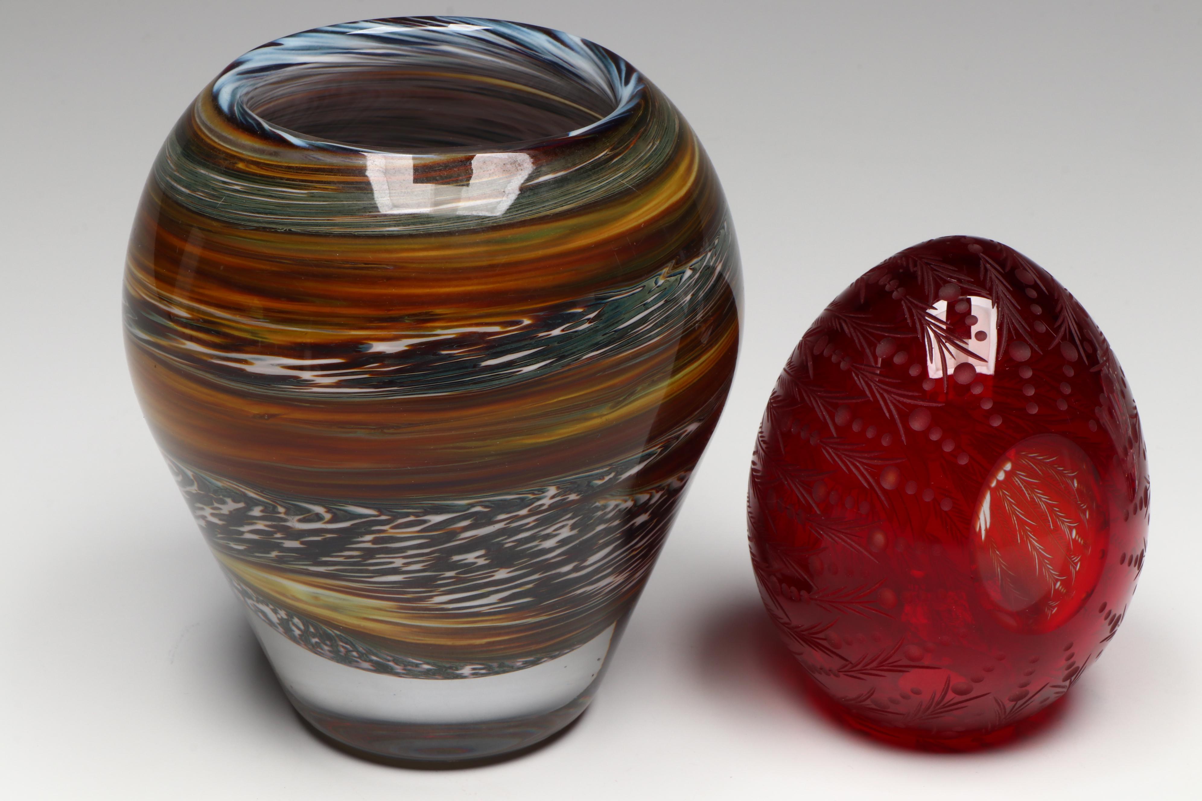 Orrefors "Orion" Crystal Bowl with Art Glass Vase and Egg