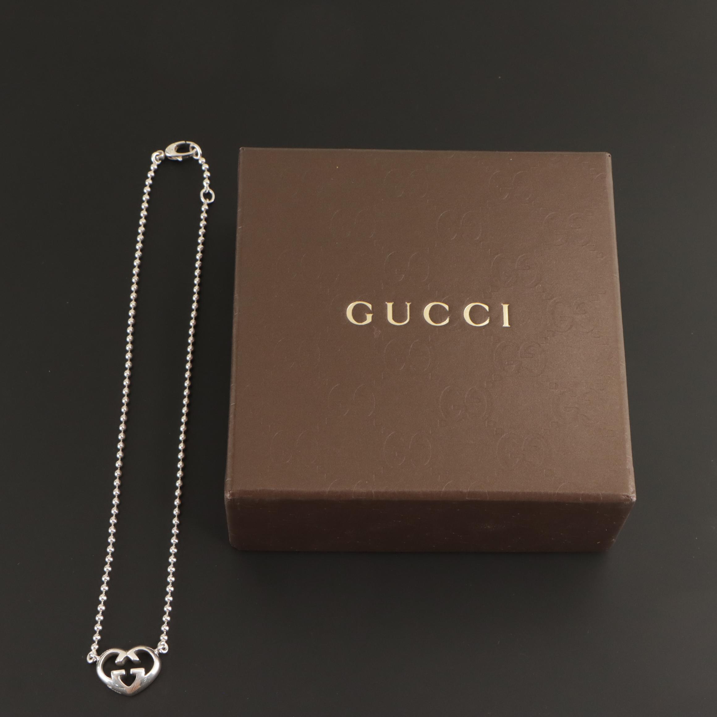 Gucci Sterling Silver GG Heart Necklace in Box