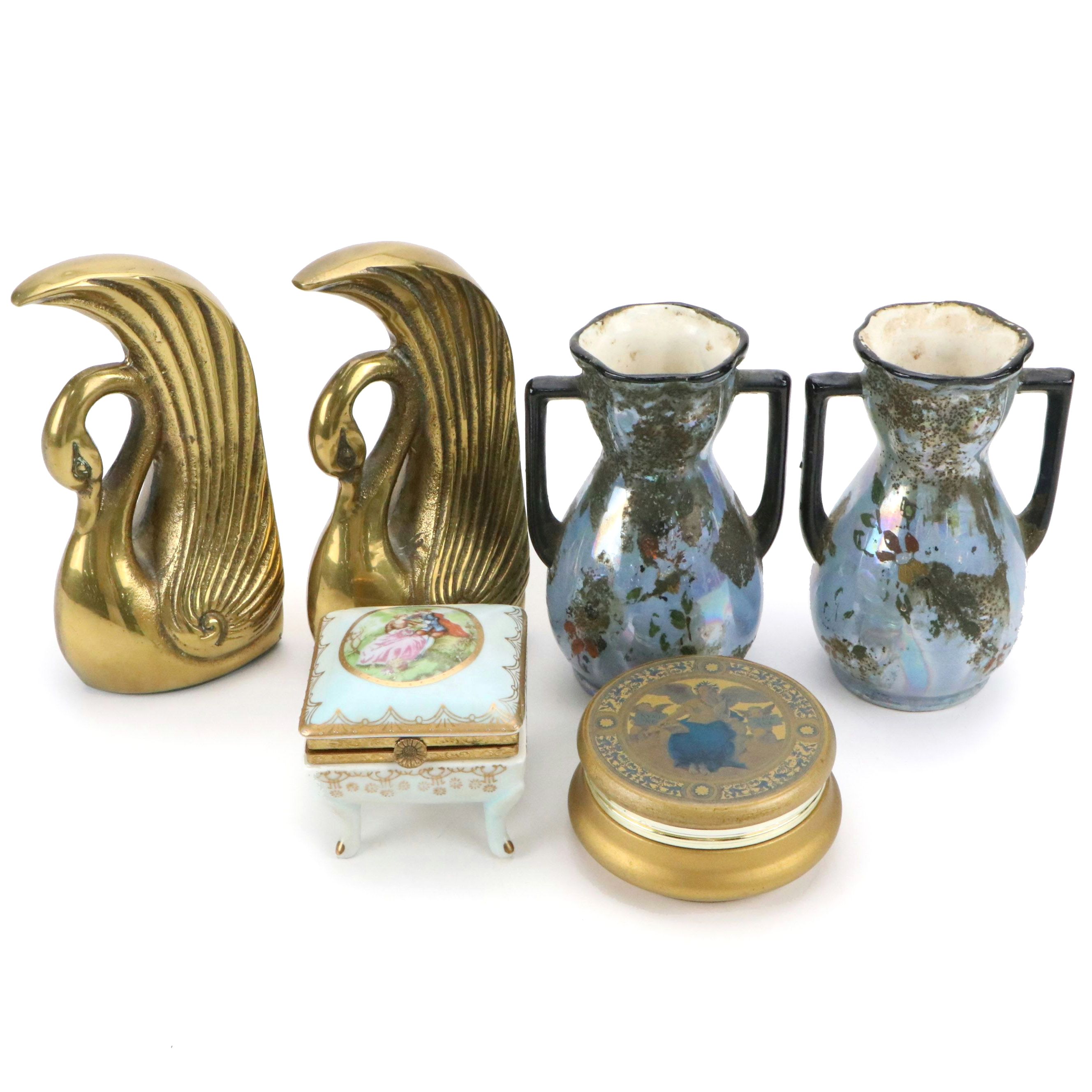 Continental Ceramic Vases and Decorative Boxes with Korean Brass Swan Bookends