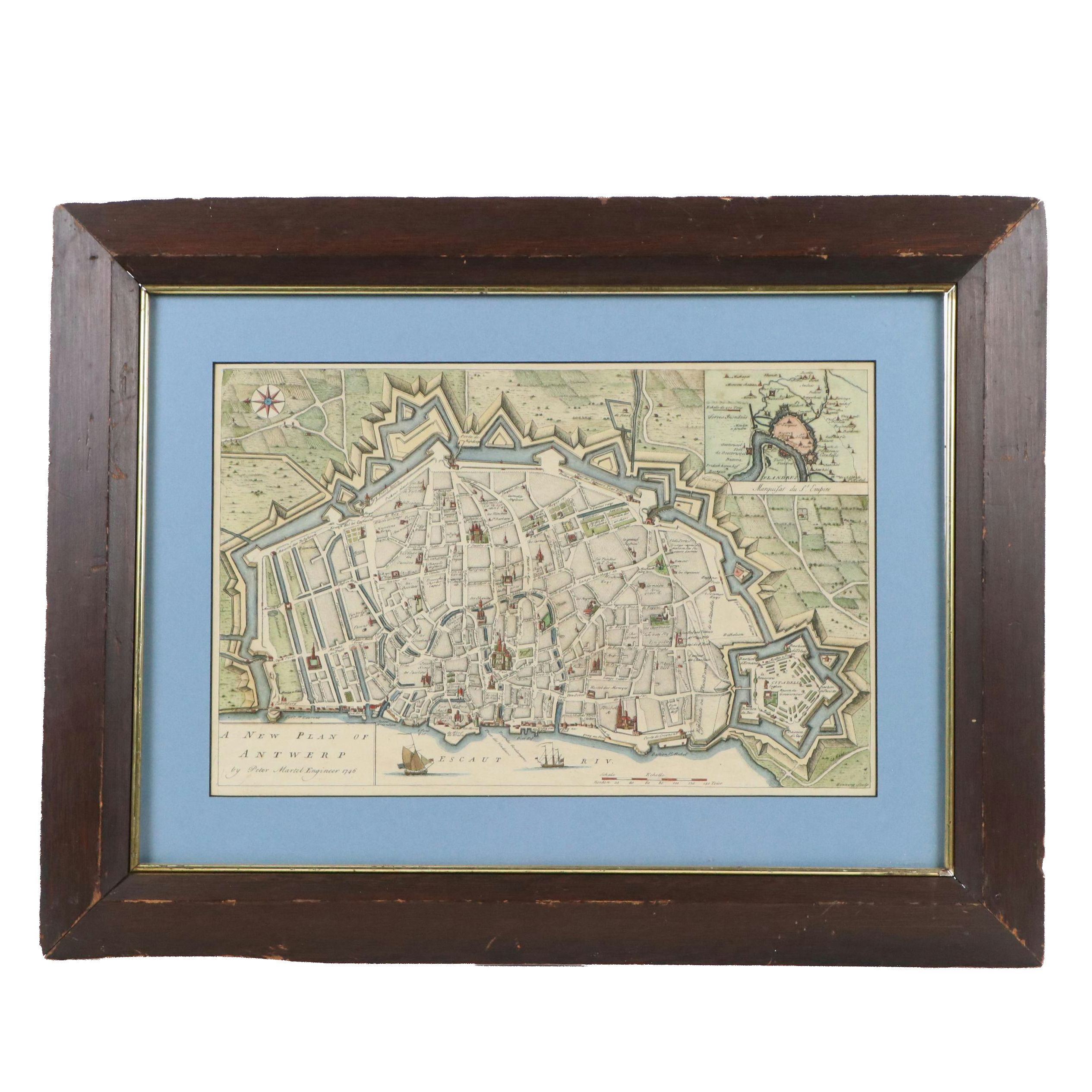 Hand-Colored Engraving After Peter Martel "A New Plan of Antwerp," 1746