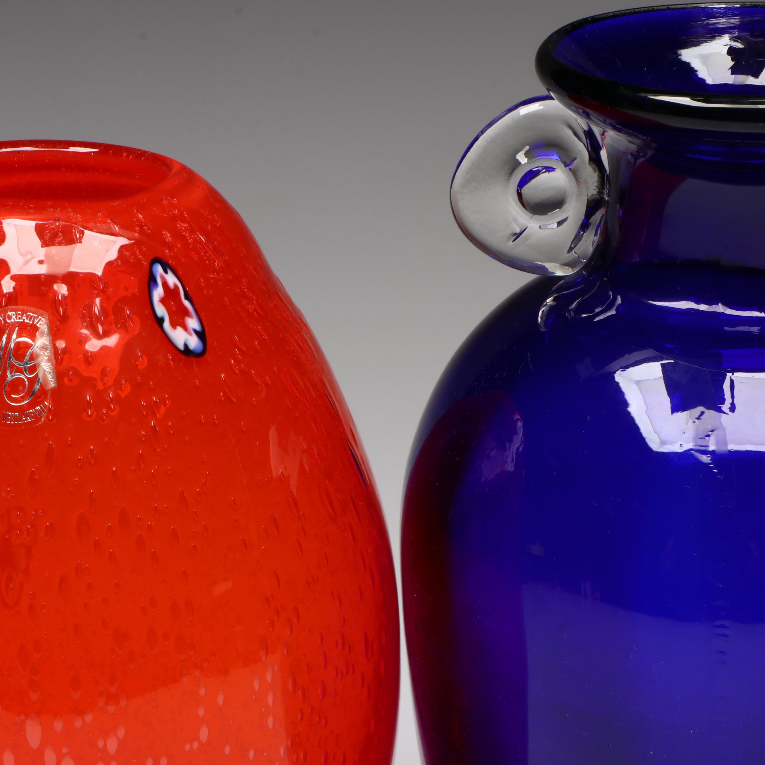 Margies Garden Blown Glass Bubble Vase with Other Blue Glass Vase