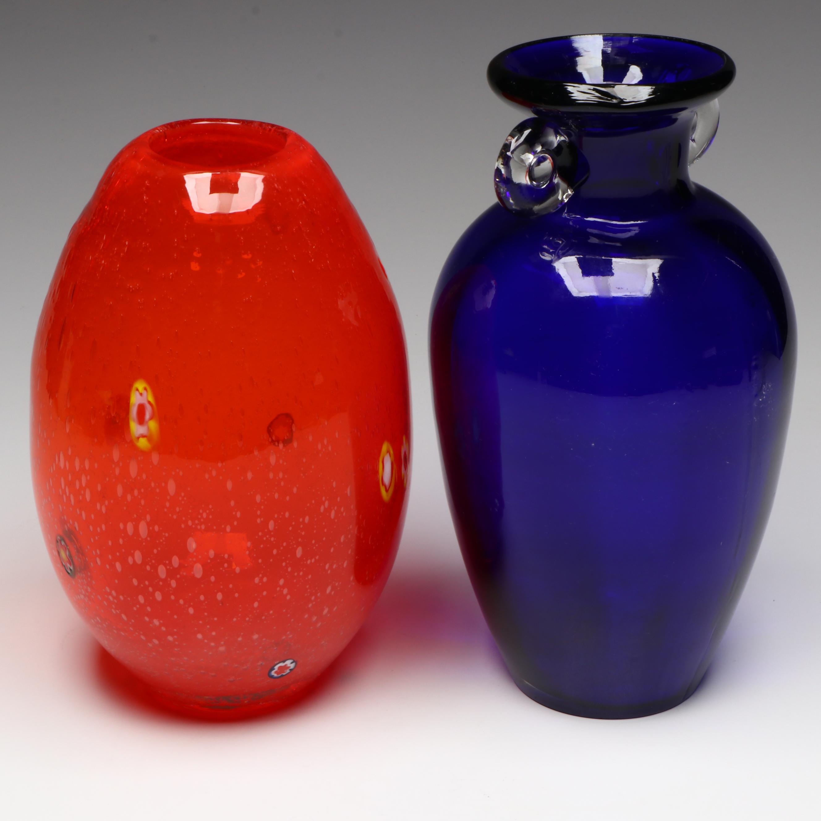 Margies Garden Blown Glass Bubble Vase with Other Blue Glass Vase