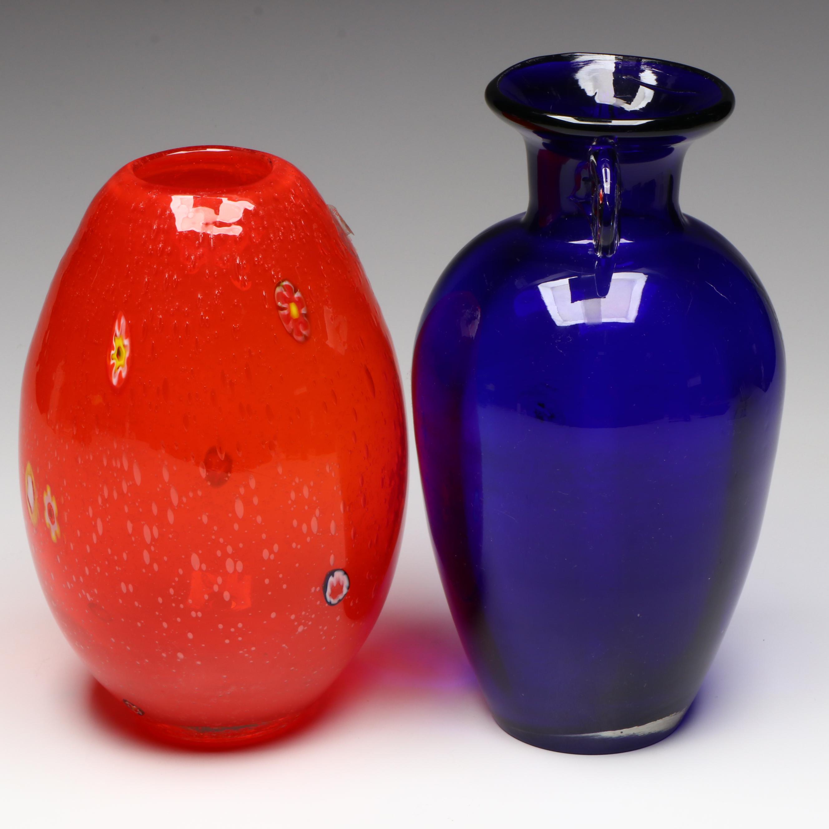 Margies Garden Blown Glass Bubble Vase with Other Blue Glass Vase