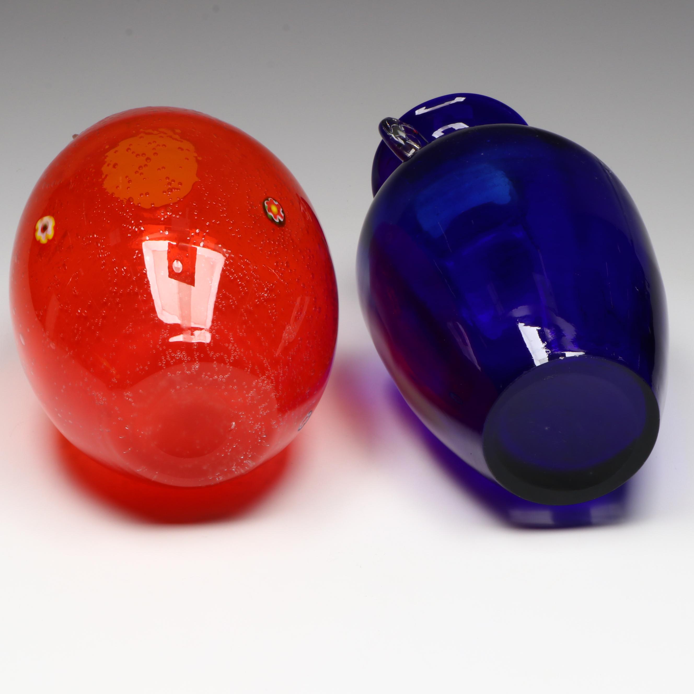 Margies Garden Blown Glass Bubble Vase with Other Blue Glass Vase