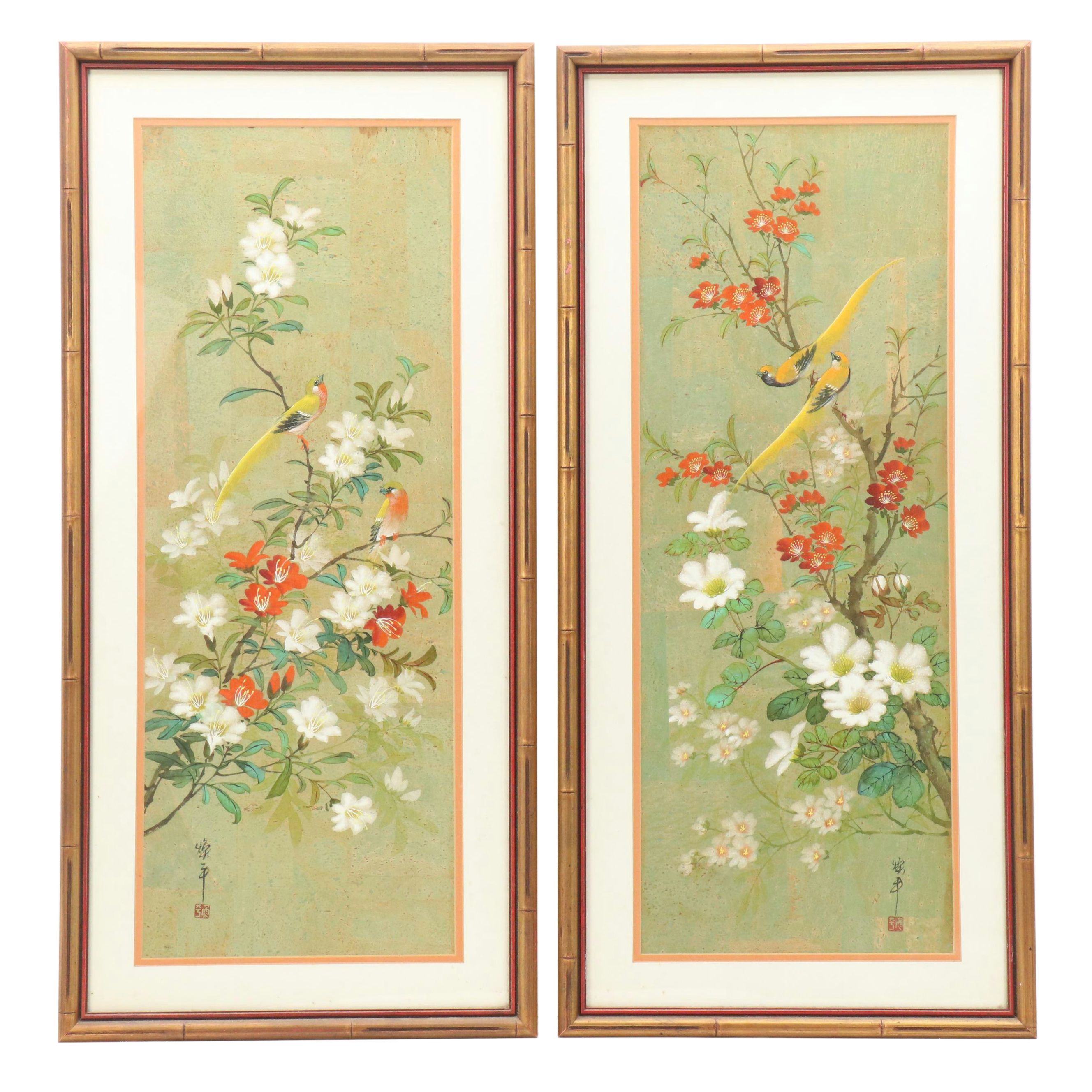 Pair of Chinese Style Watercolor on Cork Bird and Flower Paintings