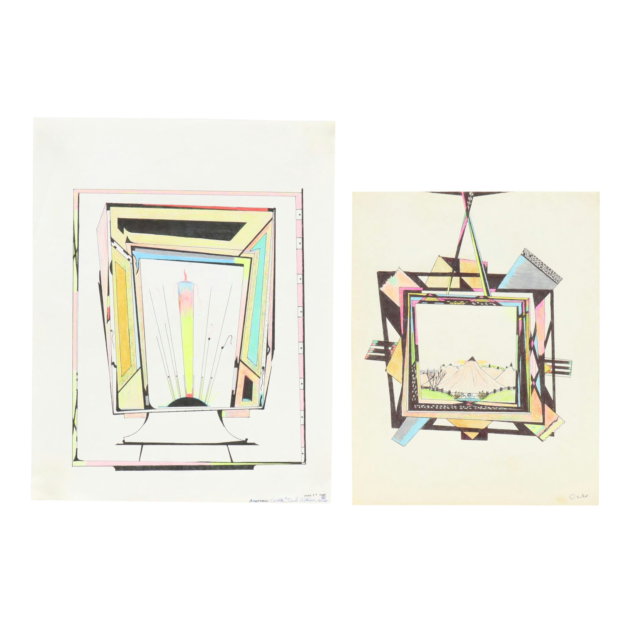 Geometric Mixed Media Drawing "American Candle," 2006 and More