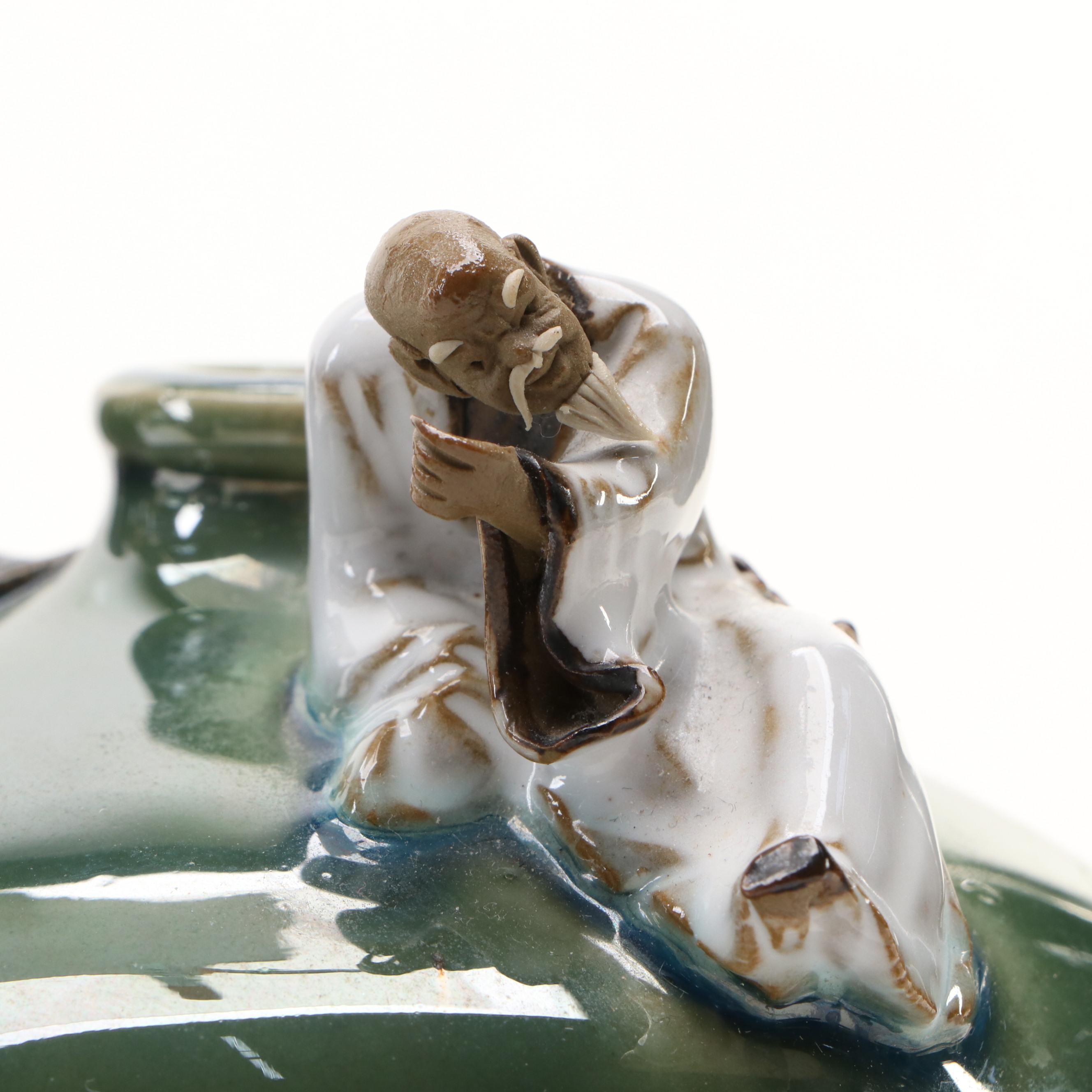 Chinese Majolica Pitcher and Bottle with Shiwan Ware Men on Vase