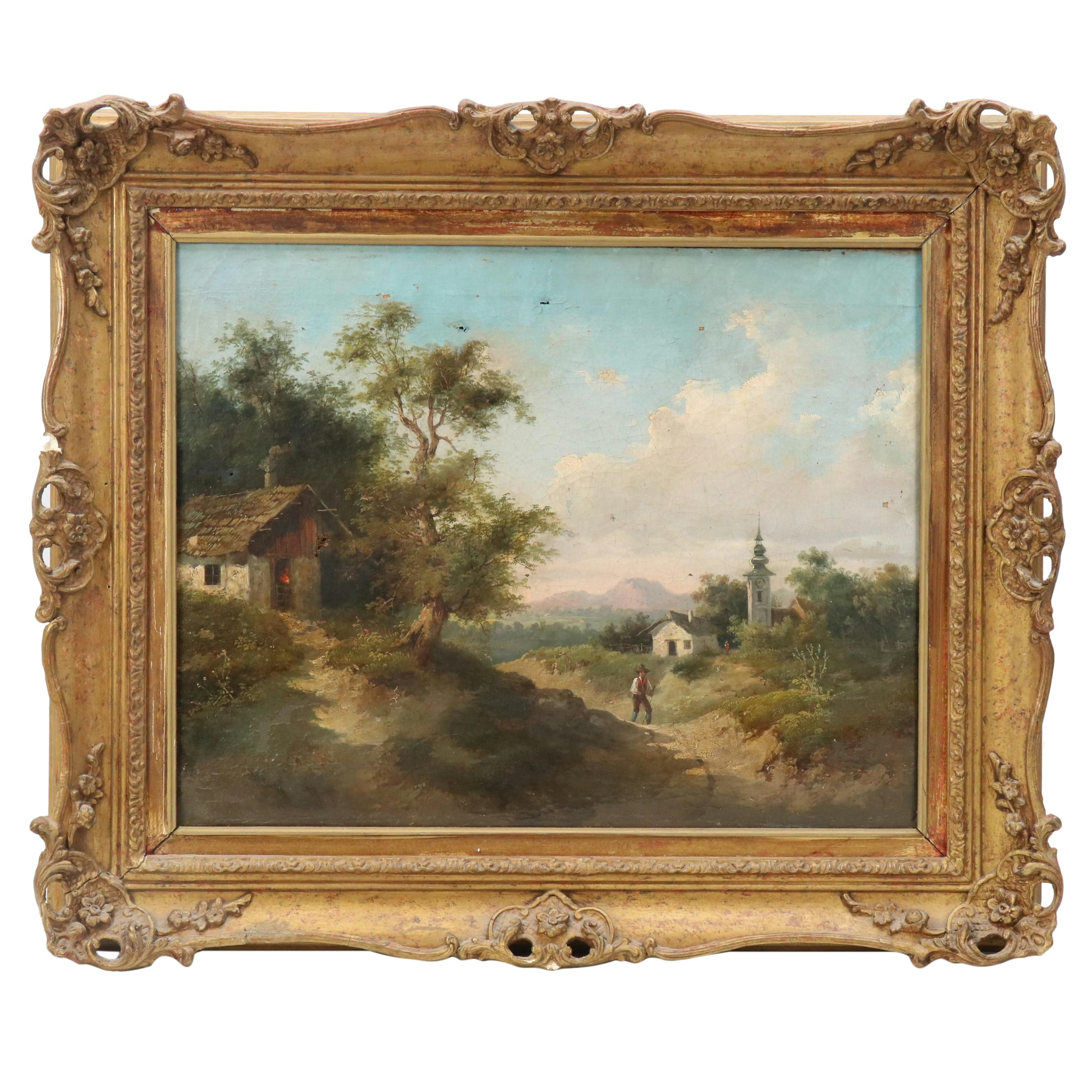 Romanticist Style Oil Painting of Figure in European Countryside Landscape