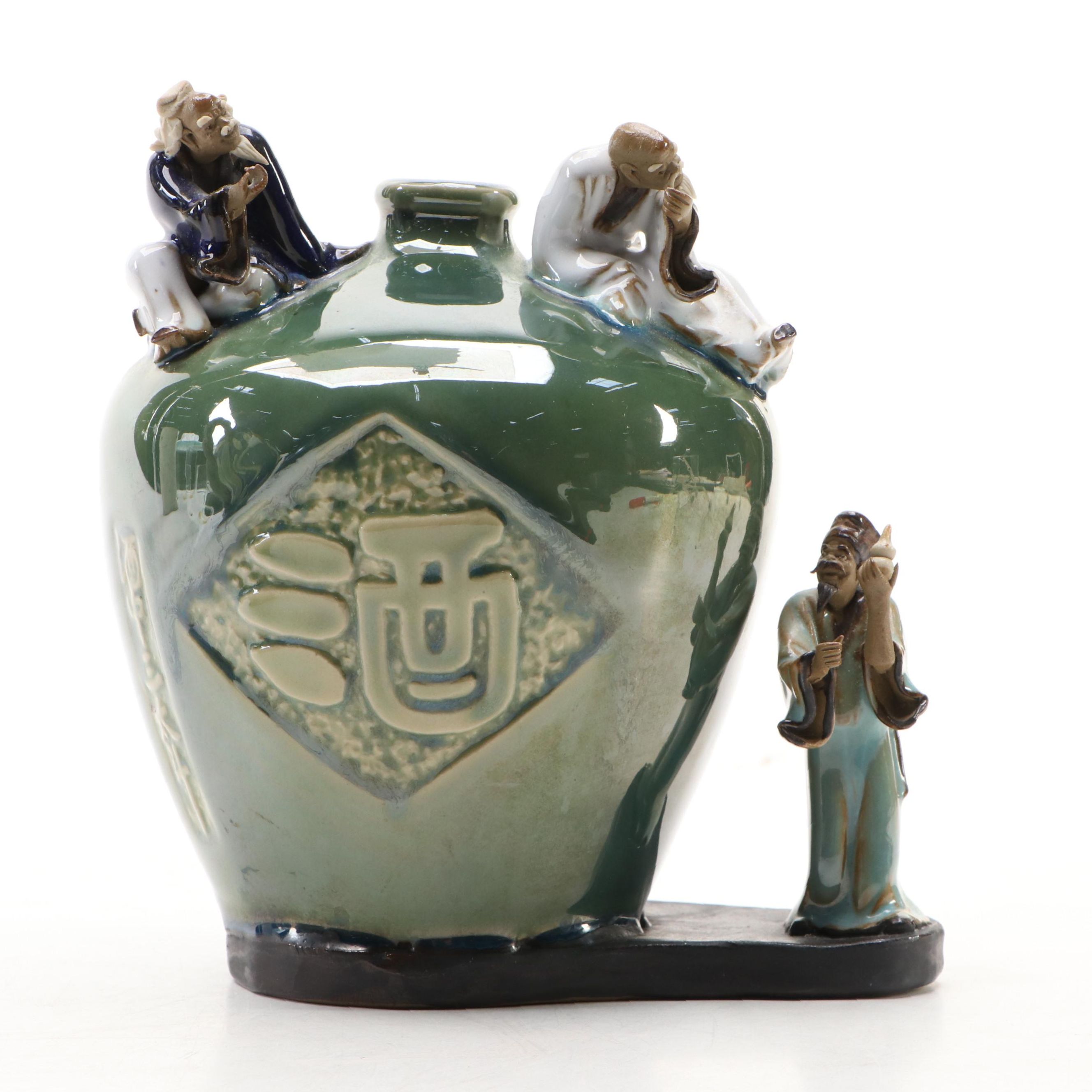 Chinese Majolica Pitcher and Bottle with Shiwan Ware Men on Vase