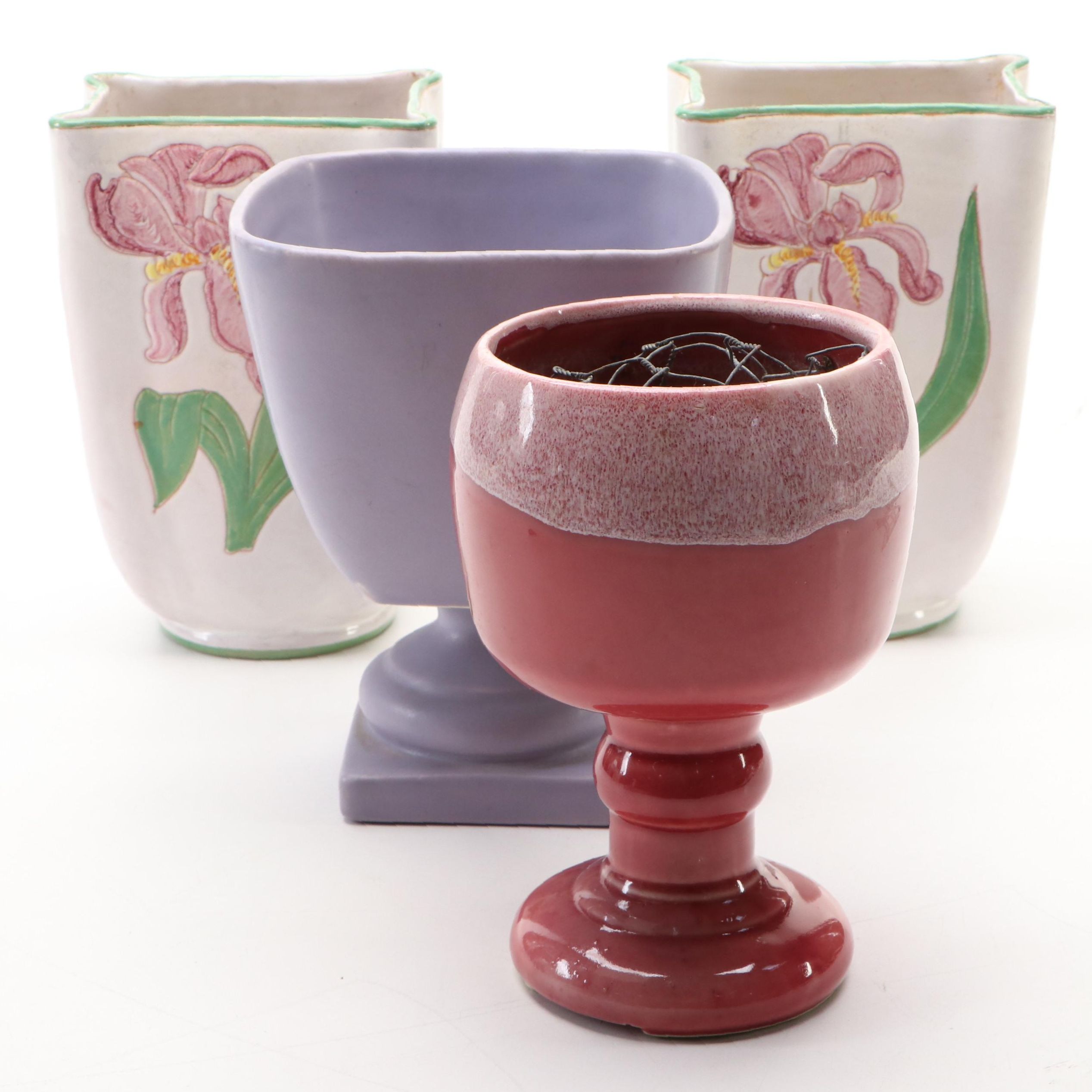 Italian Hand-Painted Ceramic Iris Vases and Pedestal Goblet Vases