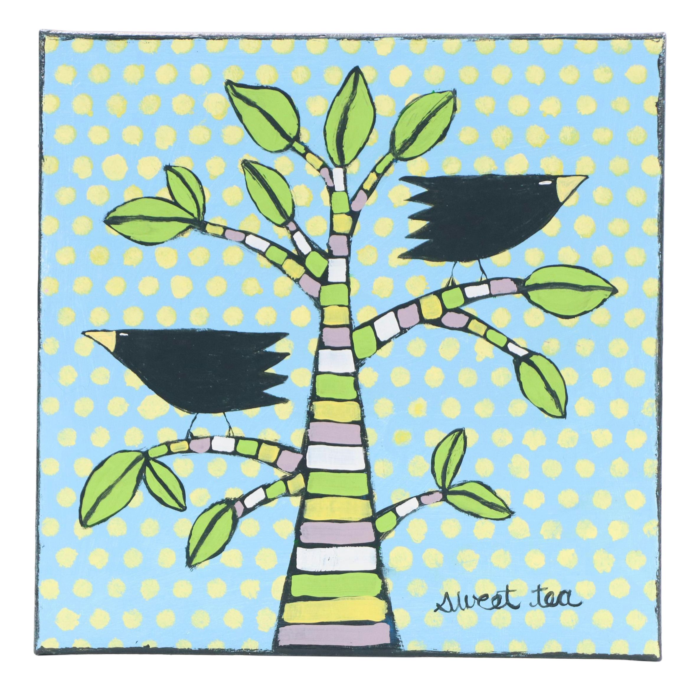 Sweet Tea Folk Acrylic Painting of Tree with Crows, 21st Century