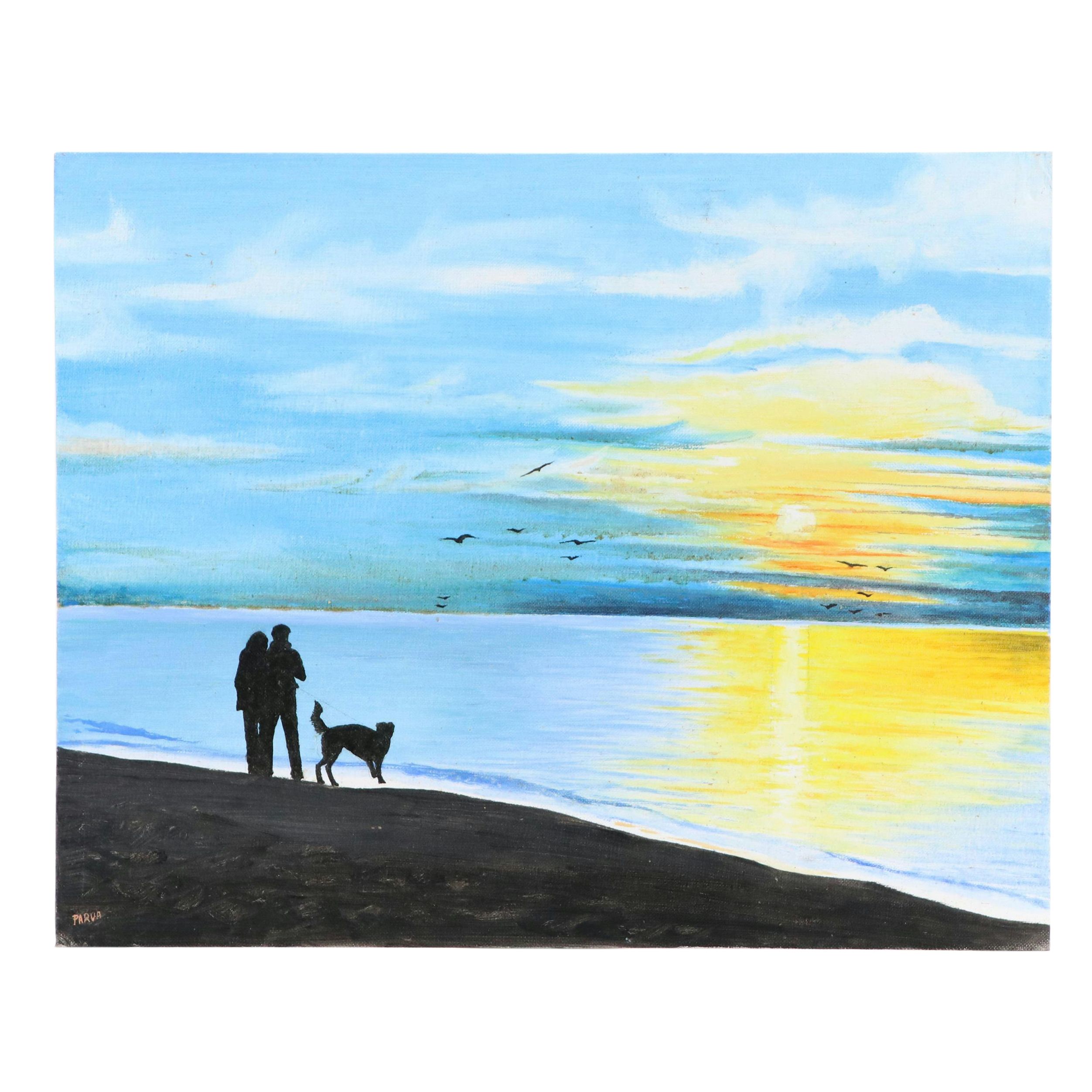 Coastal Landscape with Figures Walking Dog Acrylic Painting