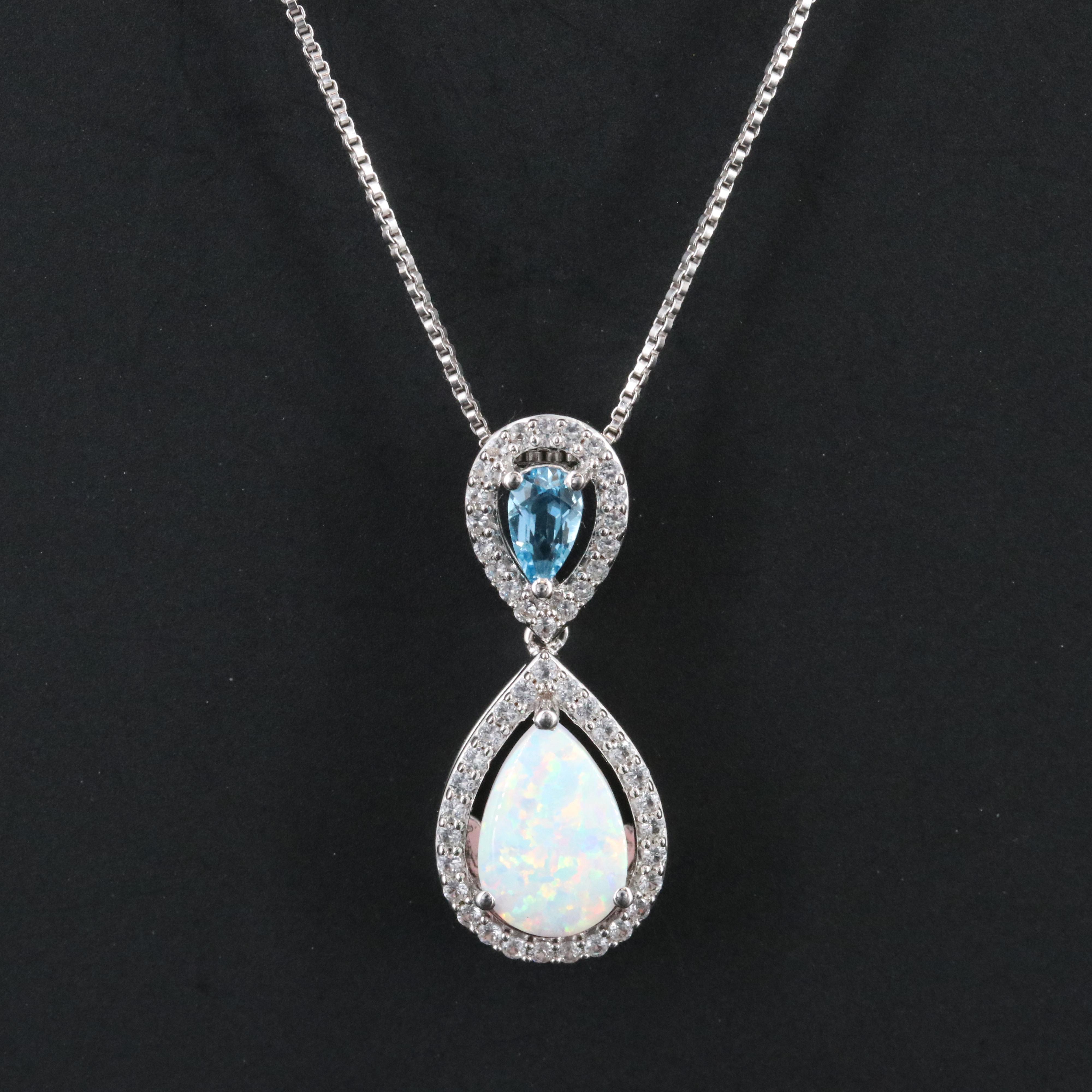 Sterling Opal, Blue Topaz and White Sapphire Pendant Necklace
