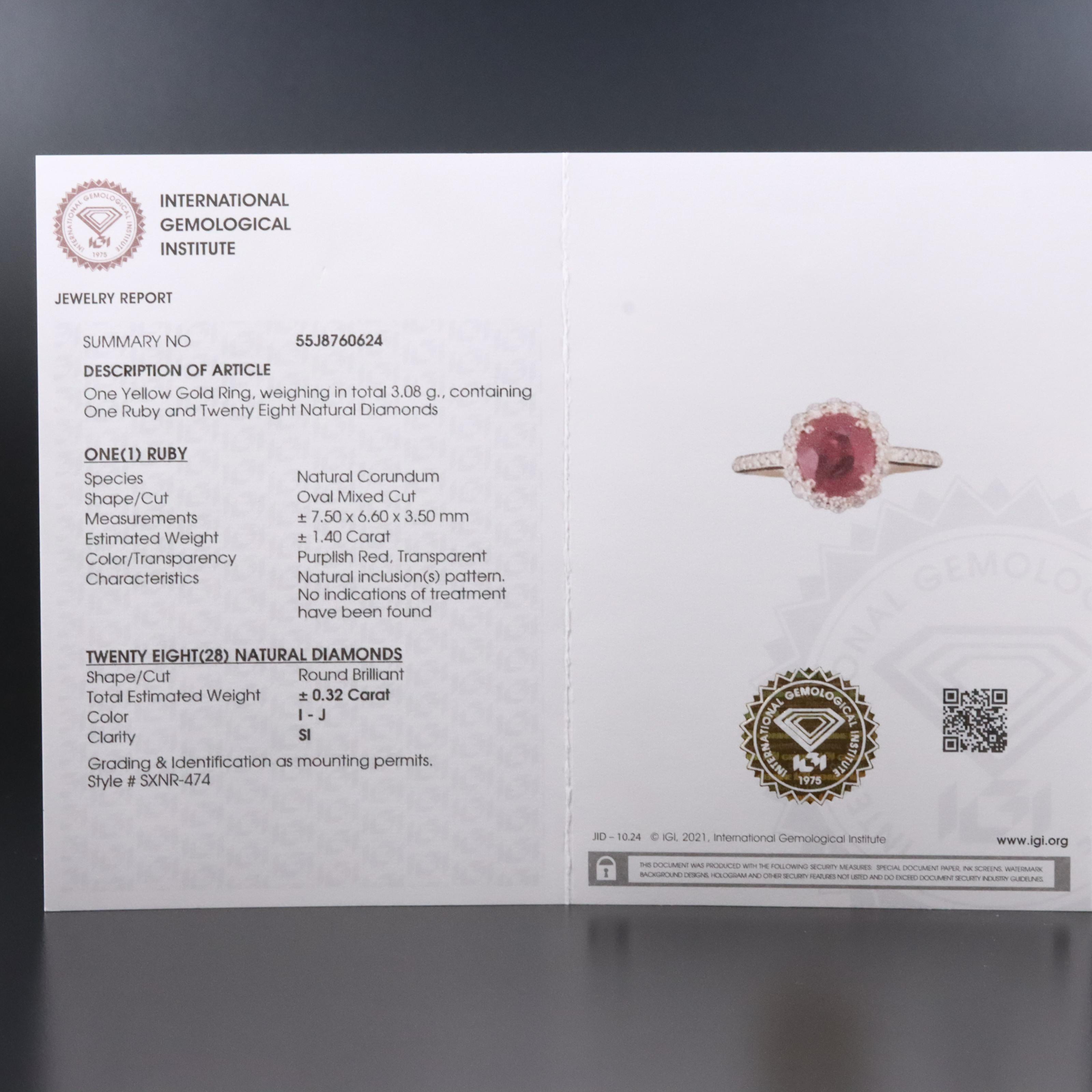 14K 1.40 CT Ruby and Diamond Ring with IGI Jewelry Report