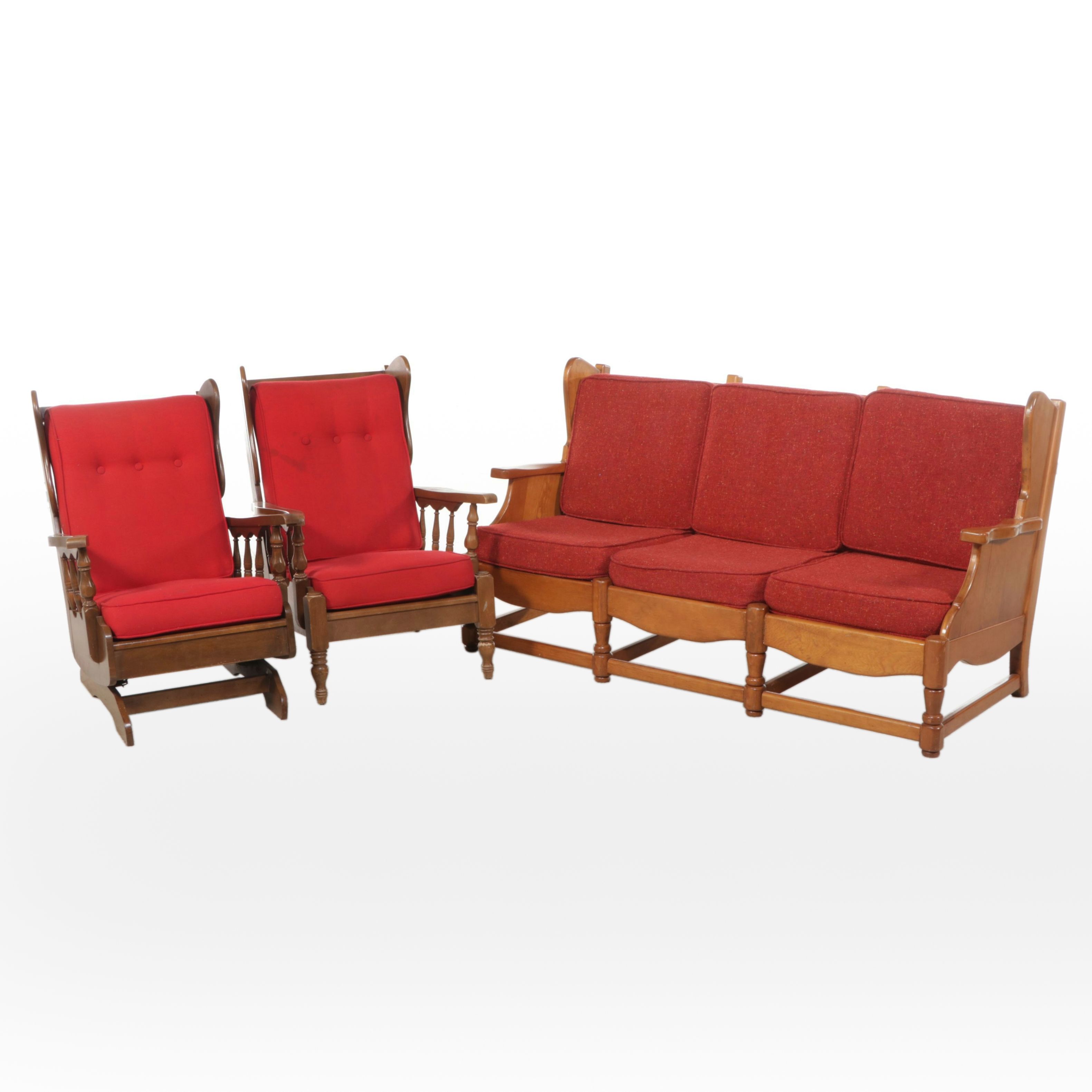 Colonial Revival Maple Sofa, Stationary Rocker, and Armchair, Late 20th Century