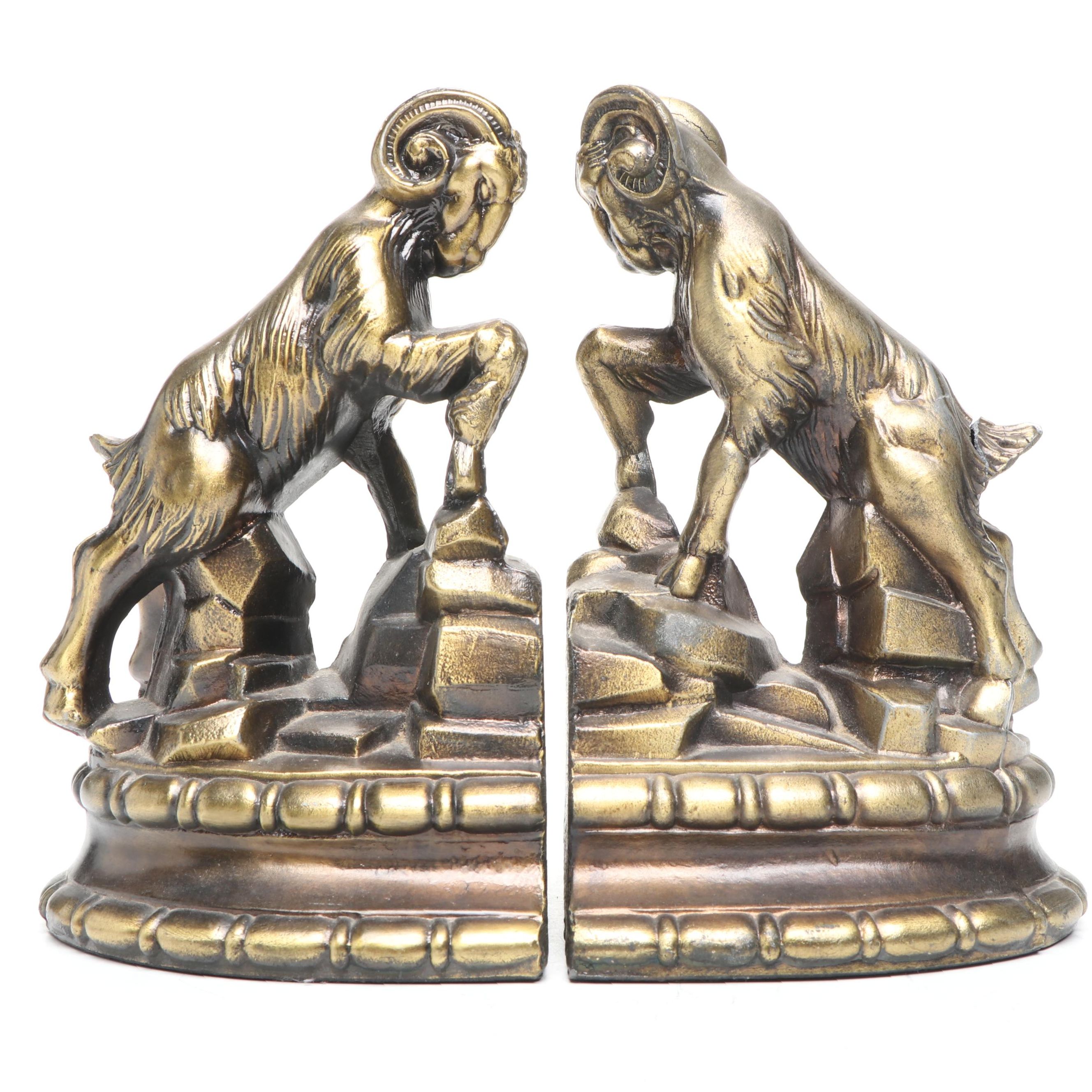 Cast Brass Horned Ram Bookends, Late 20th Century