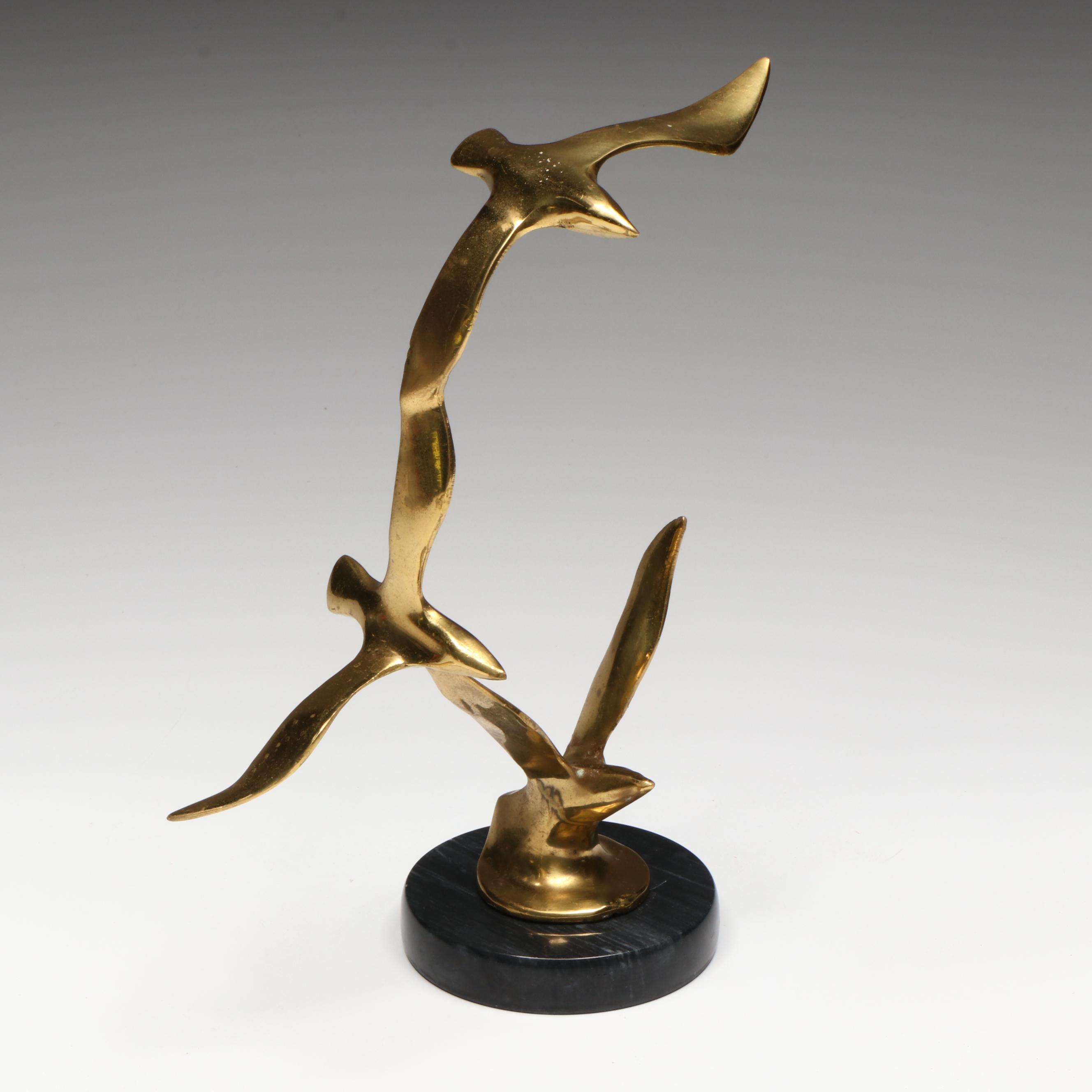 Mid Century Modern Brass and Marble Seagulls Figure