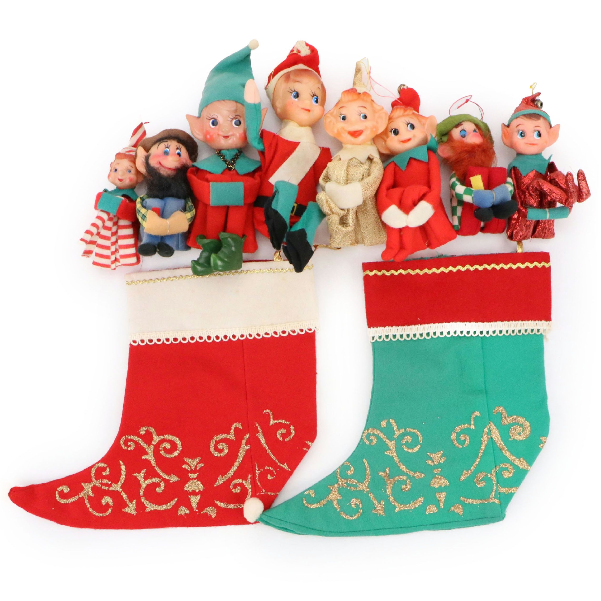 Vintage Christmas Knee Hugger Elves with Stockings