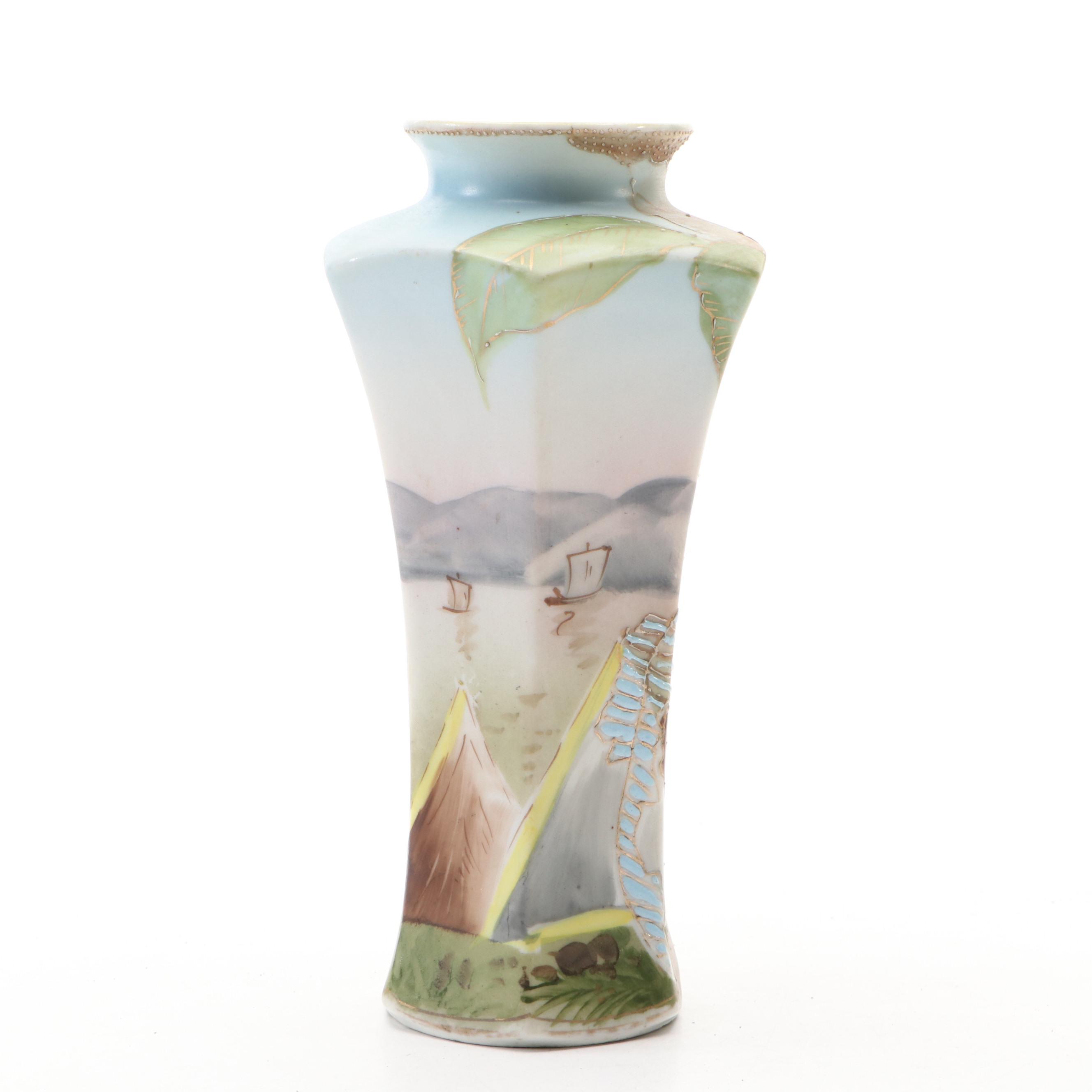 Japanese Hand-Painted Landscape Porcelain Vase and Hatpin Holder