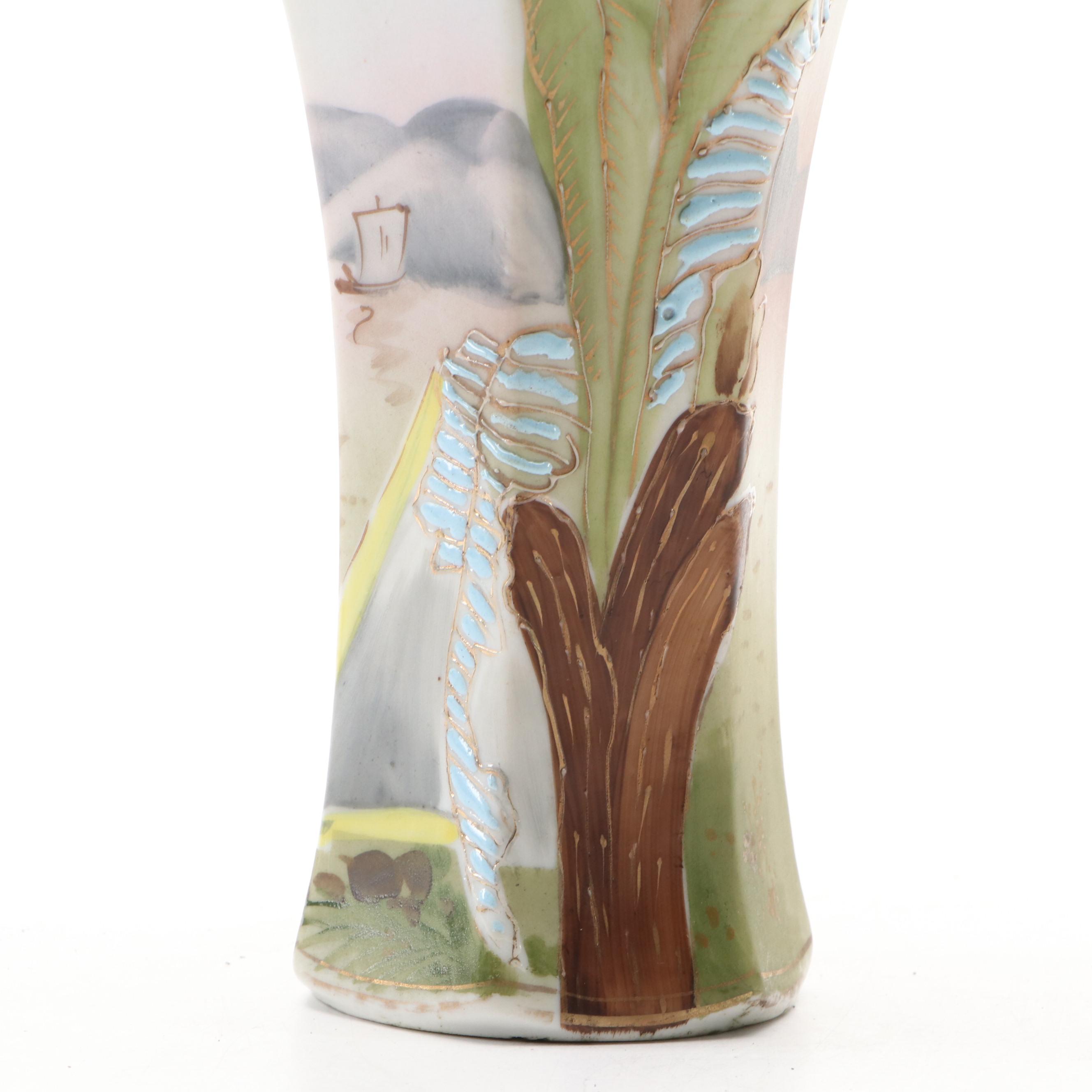 Japanese Hand-Painted Landscape Porcelain Vase and Hatpin Holder