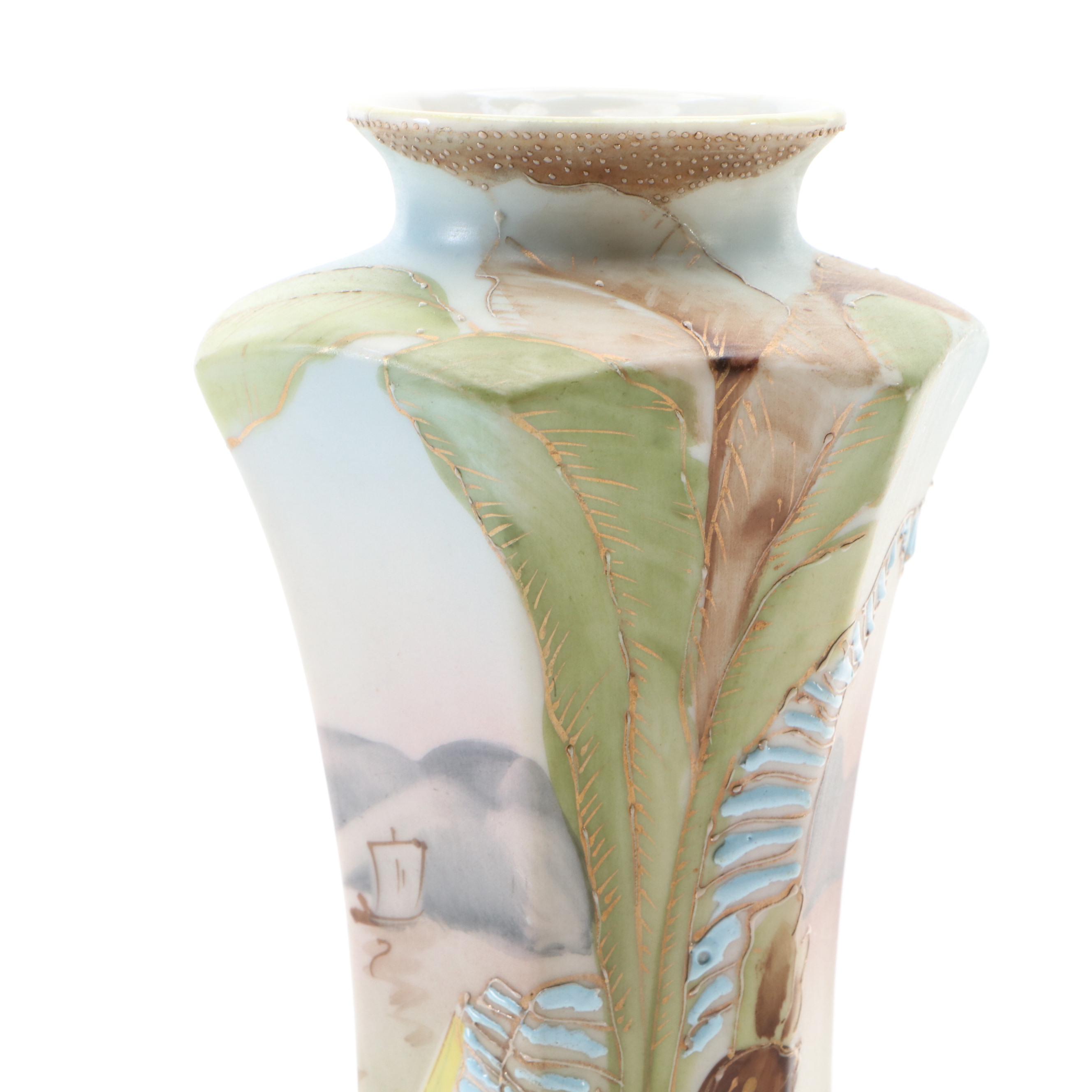 Japanese Hand-Painted Landscape Porcelain Vase and Hatpin Holder
