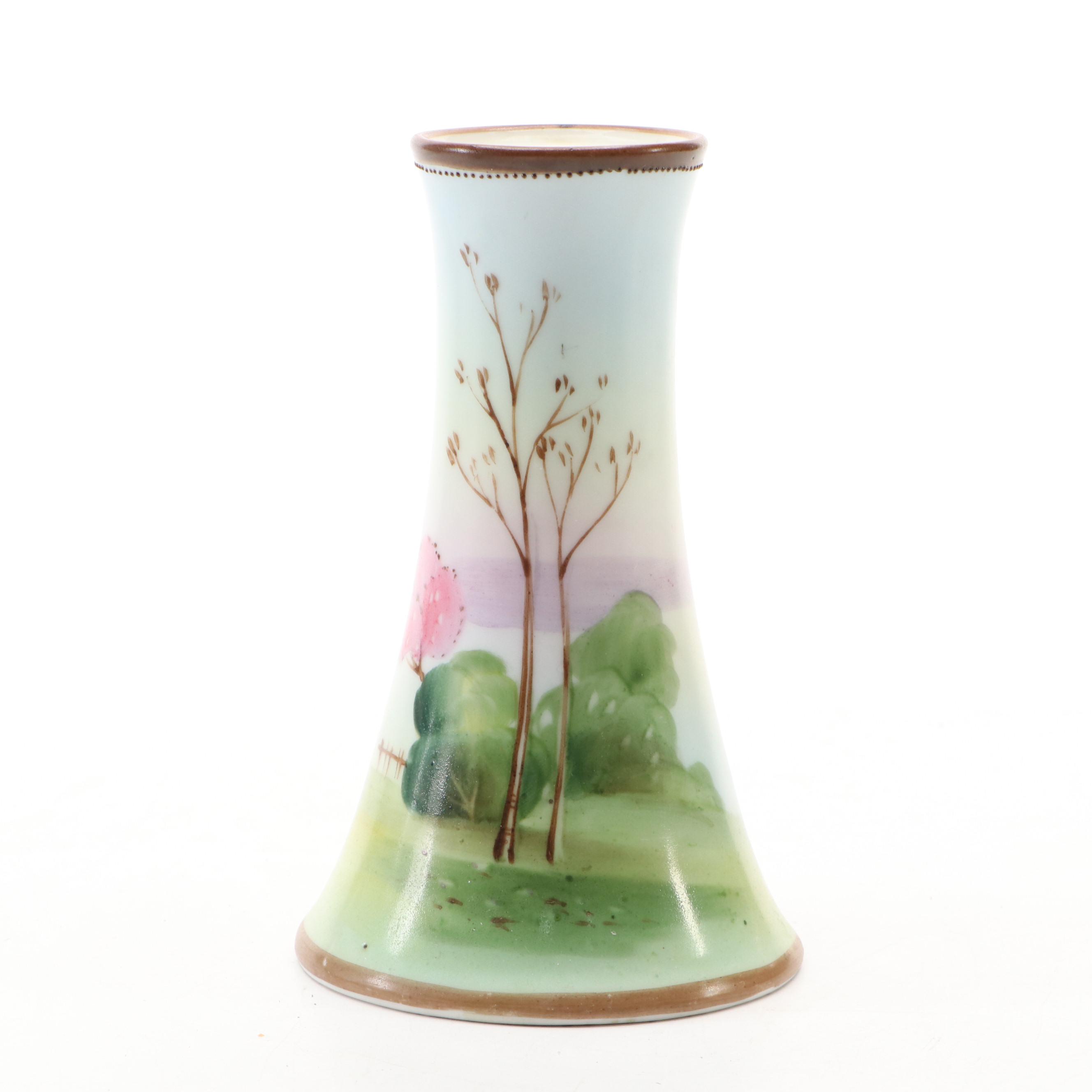 Japanese Hand-Painted Landscape Porcelain Vase and Hatpin Holder