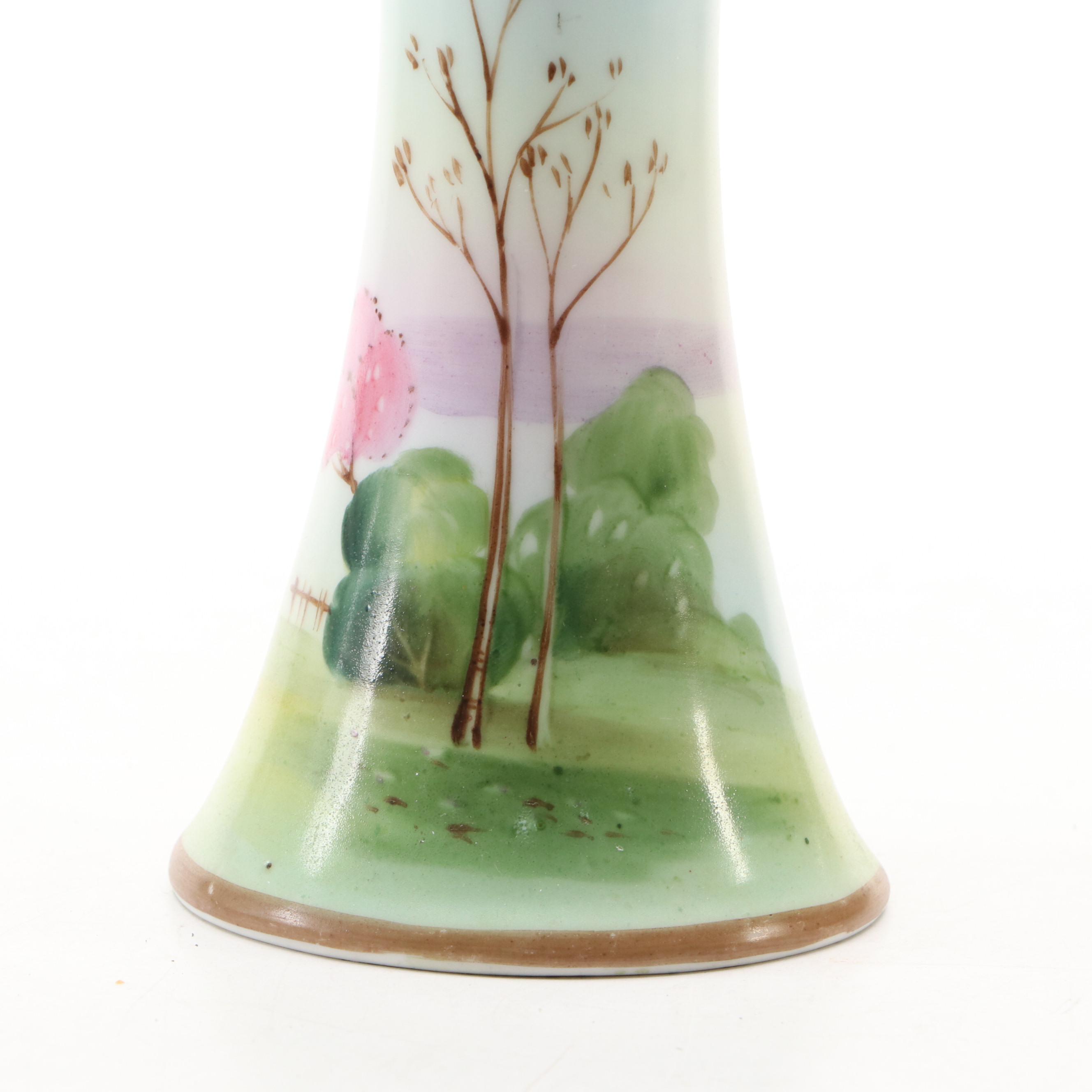 Japanese Hand-Painted Landscape Porcelain Vase and Hatpin Holder