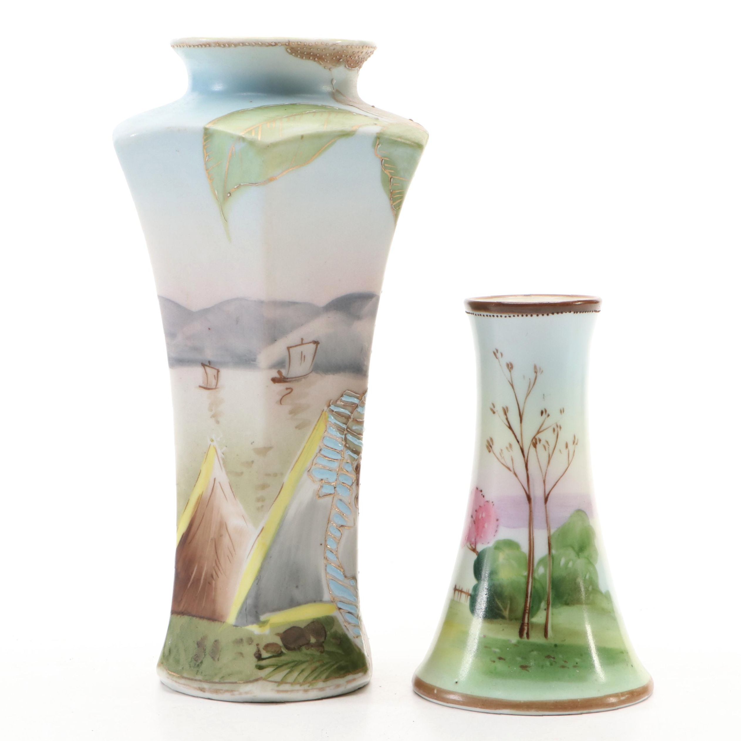 Japanese Hand-Painted Landscape Porcelain Vase and Hatpin Holder