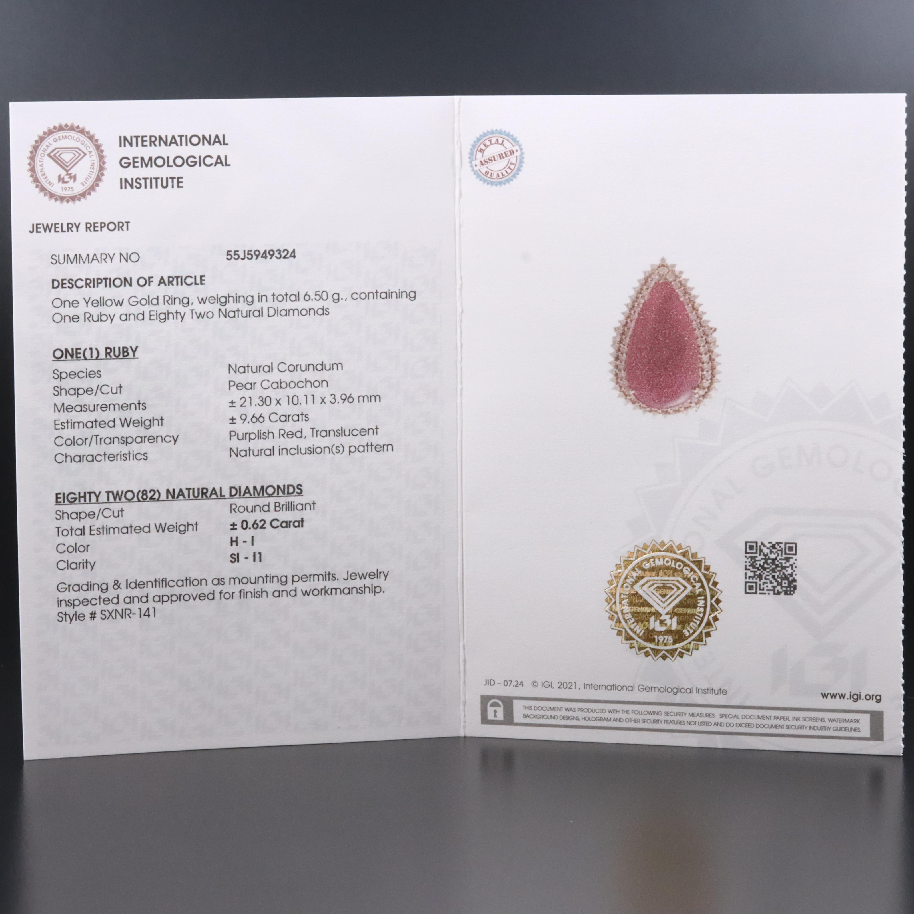 14K 9.66 CT Ruby and Diamond Ring with IGI Jewelry Report