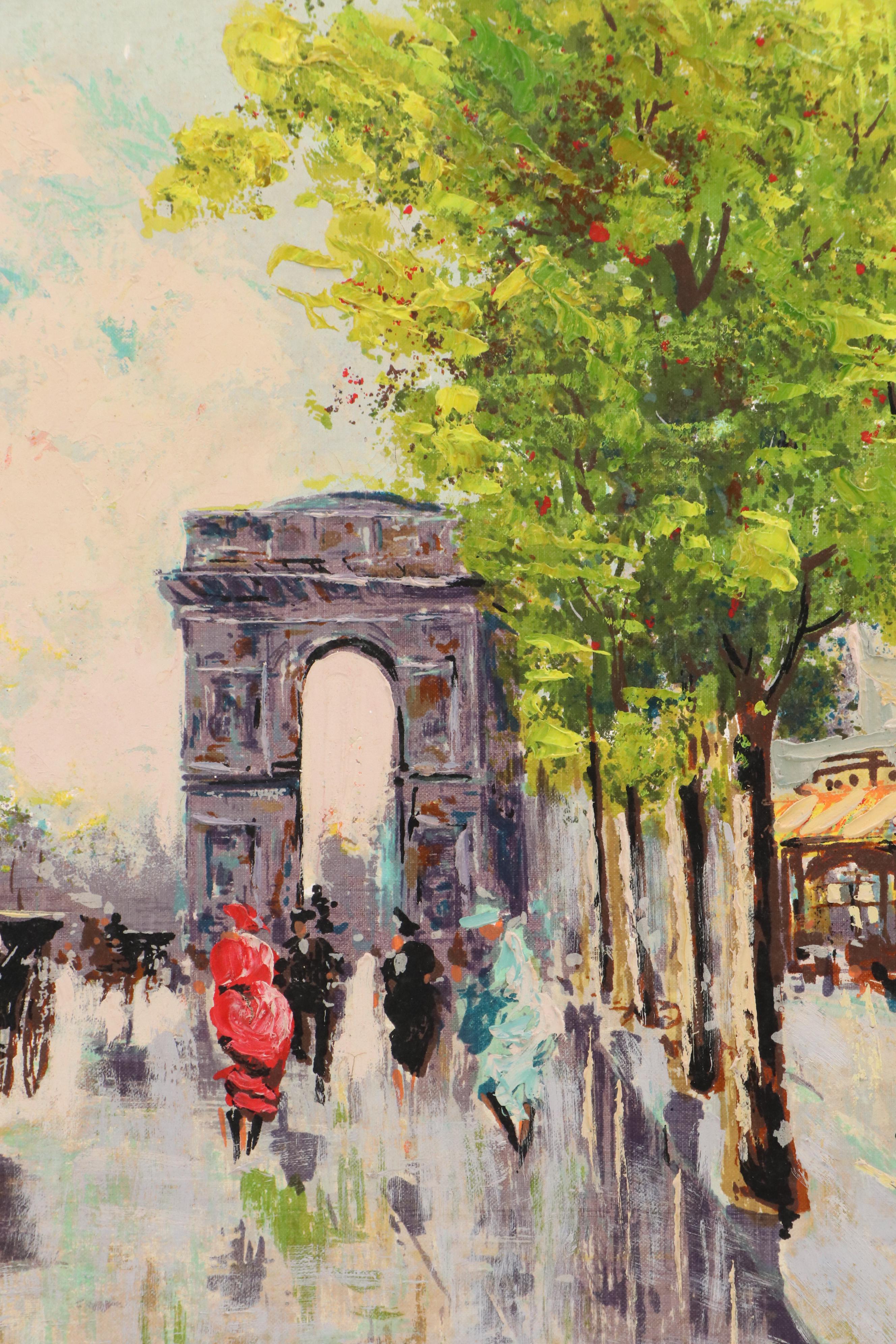 Brasso Embellished Serigraph of Parisian Boulevard with Arc de Triomphe