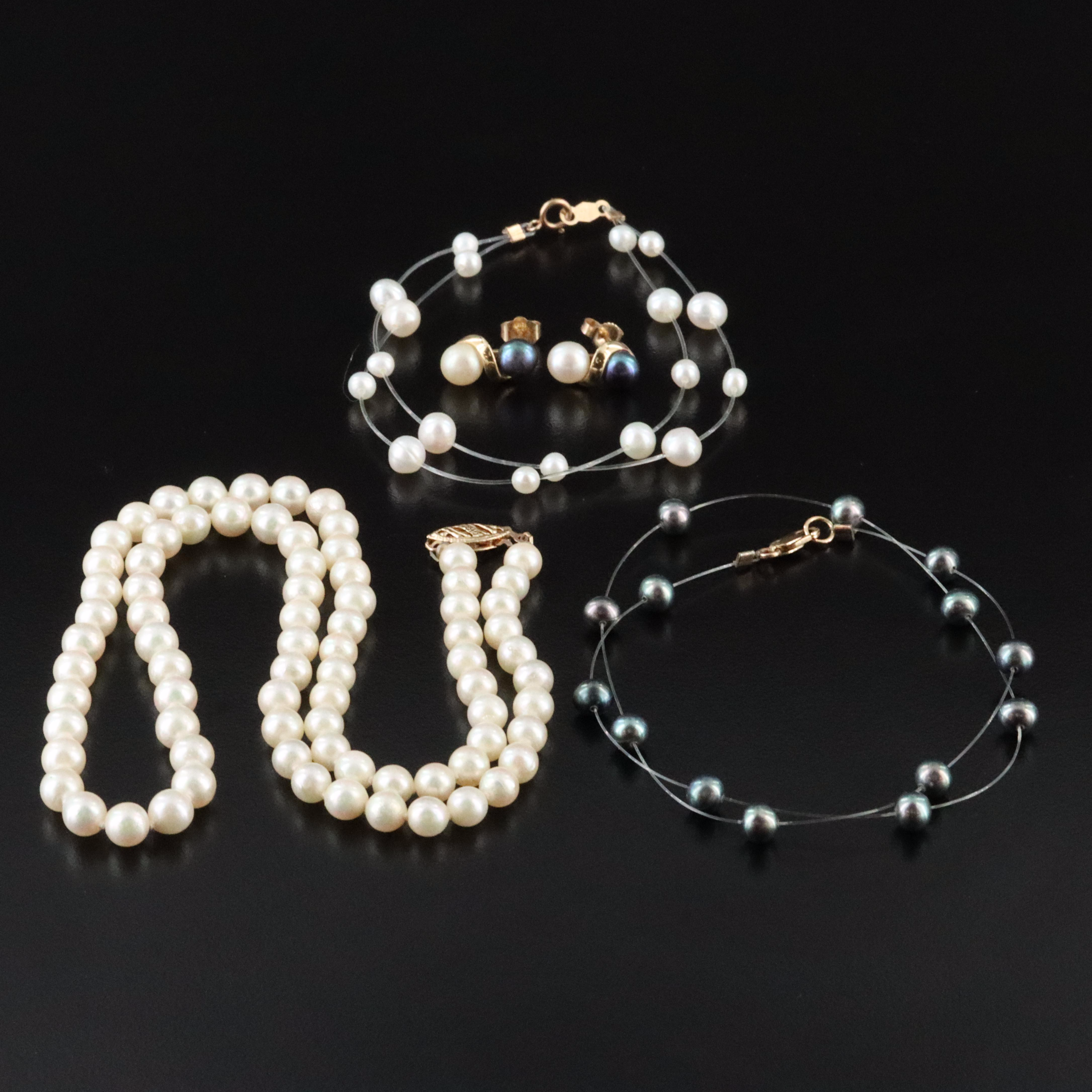Pearl Necklaces and Bracelet with 14K Clasps and Earrings
