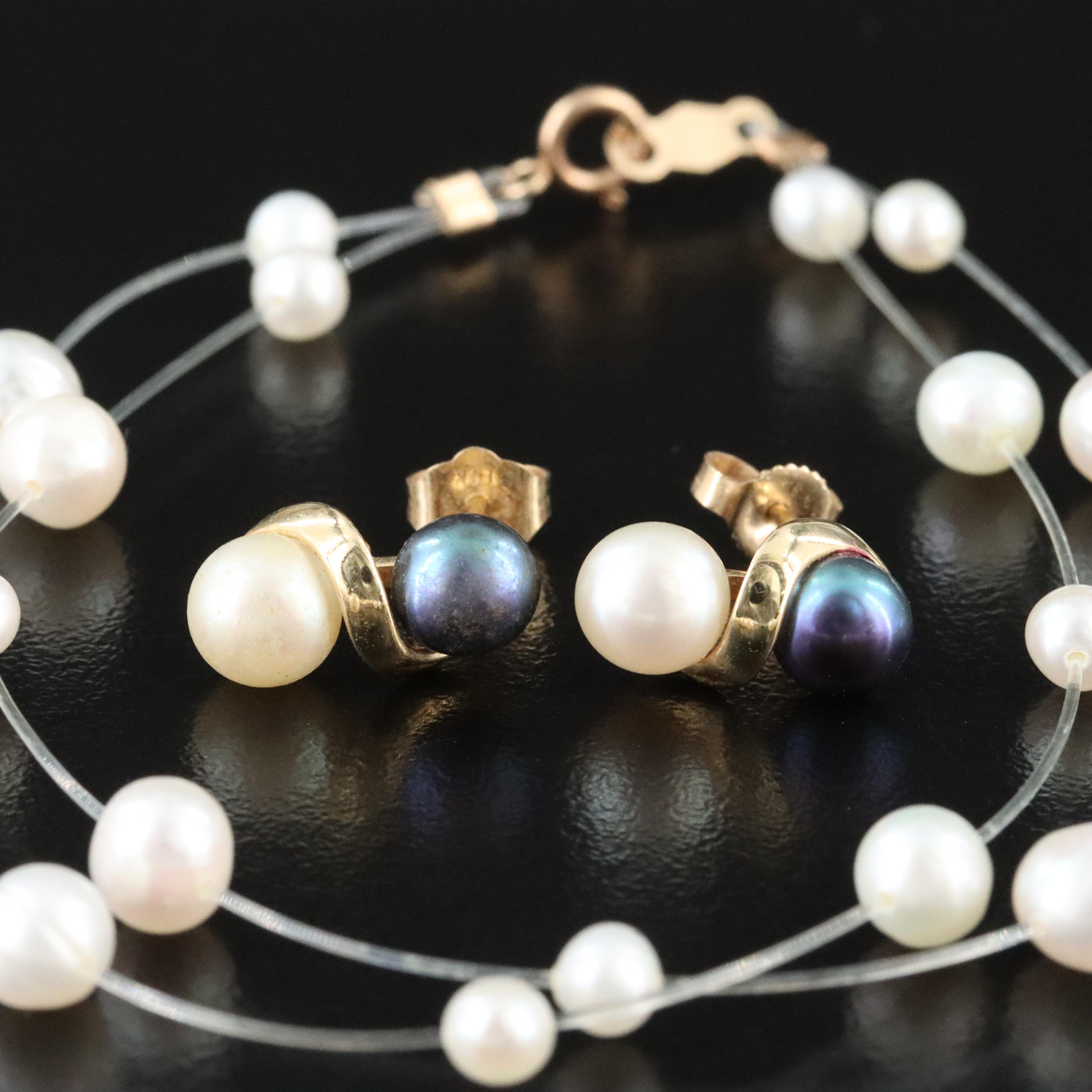 Pearl Necklaces and Bracelet with 14K Clasps and Earrings