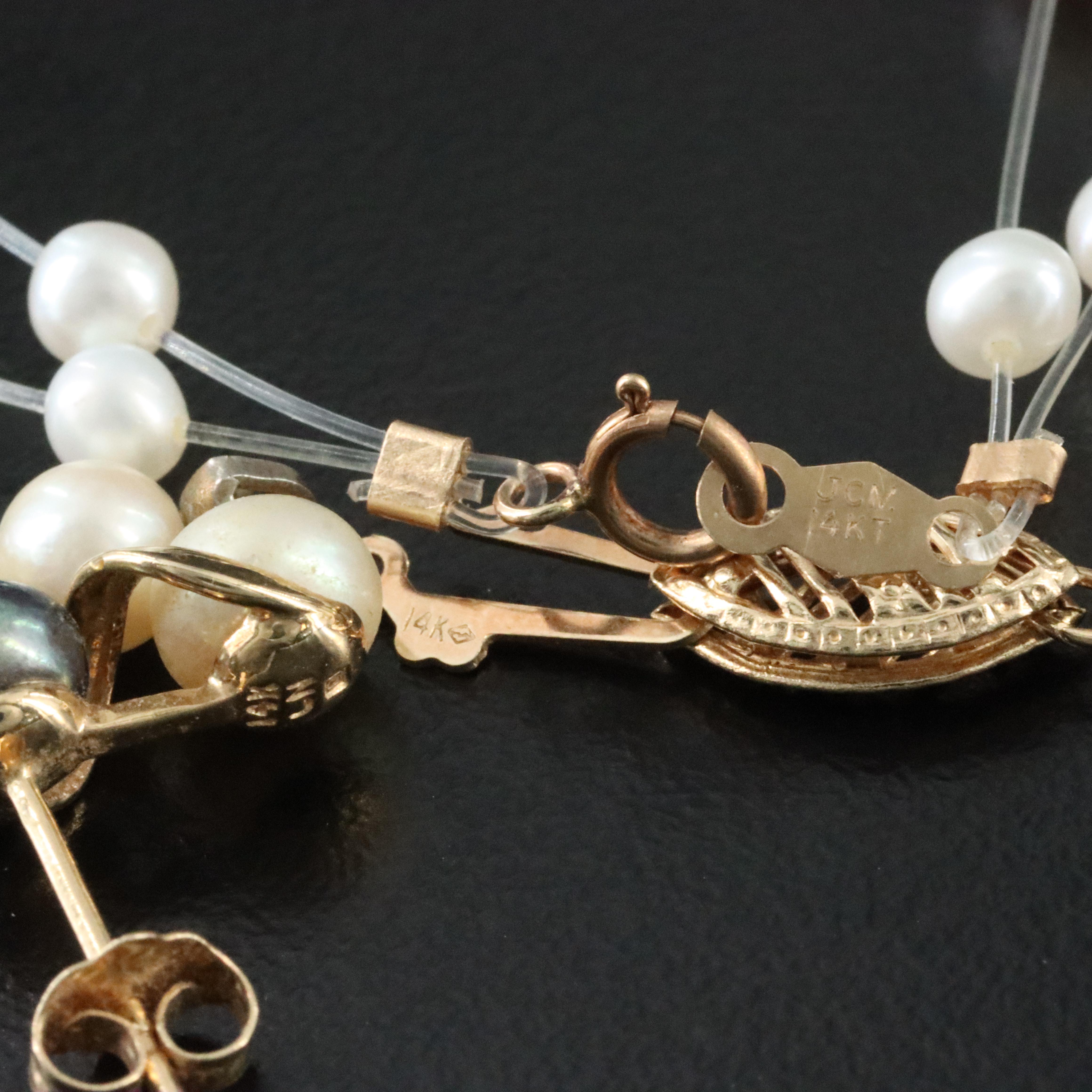 Pearl Necklaces and Bracelet with 14K Clasps and Earrings