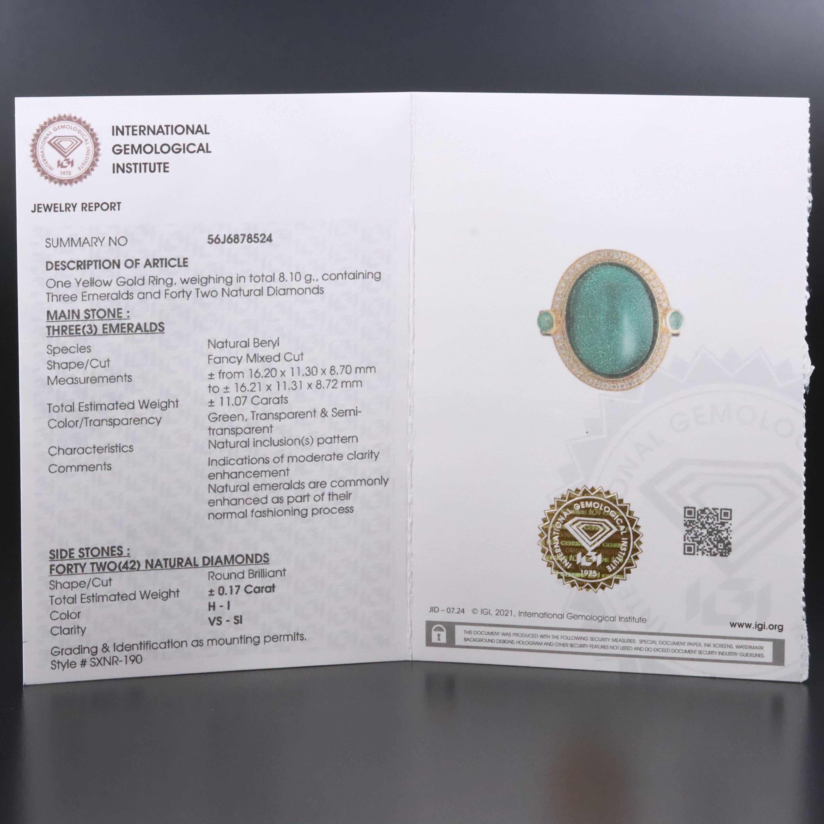 14K 11.07 CTW Emerald and Diamond Ring with IGI Jewelry Report