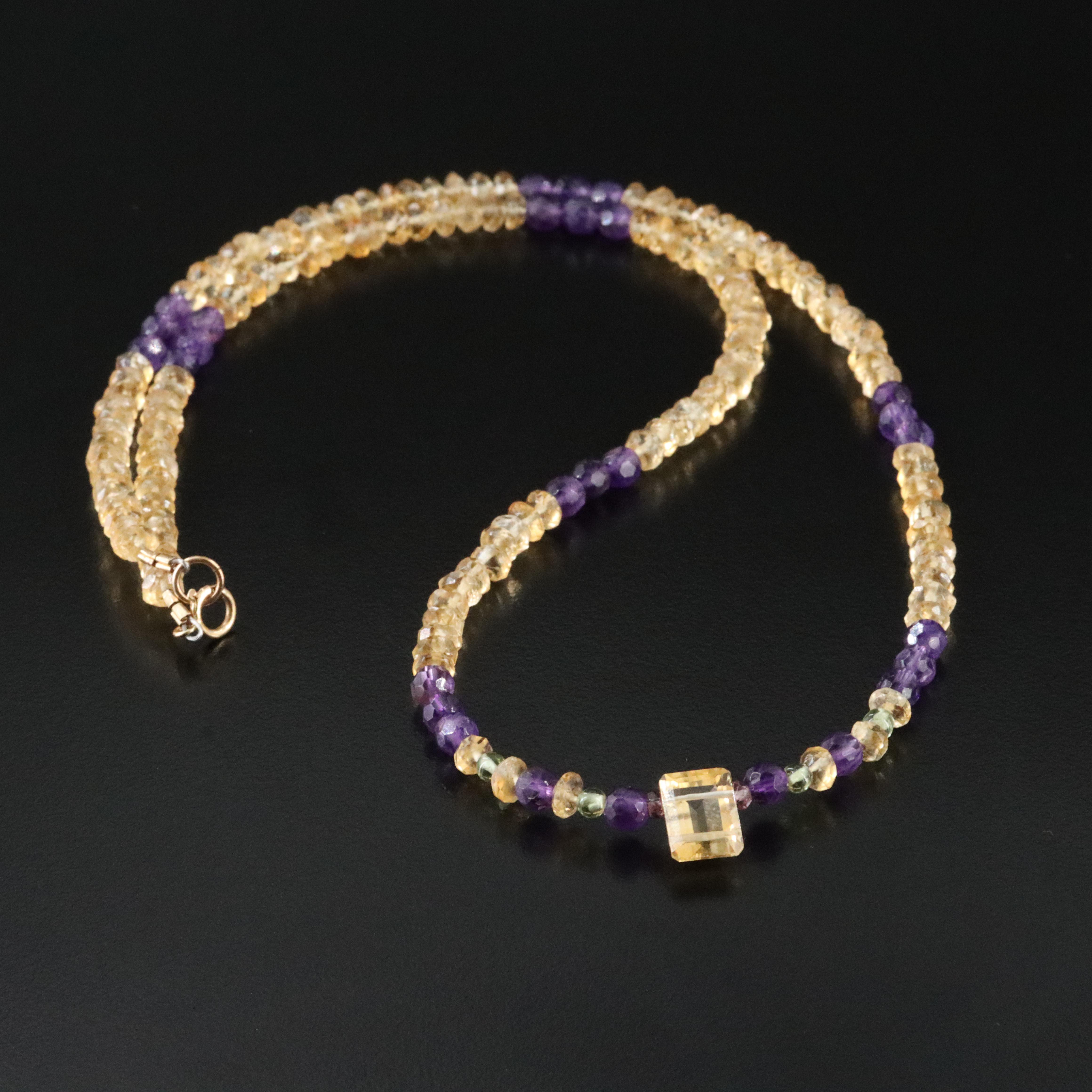 Citrine and Amethyst Bead Necklace with 14K Clasp