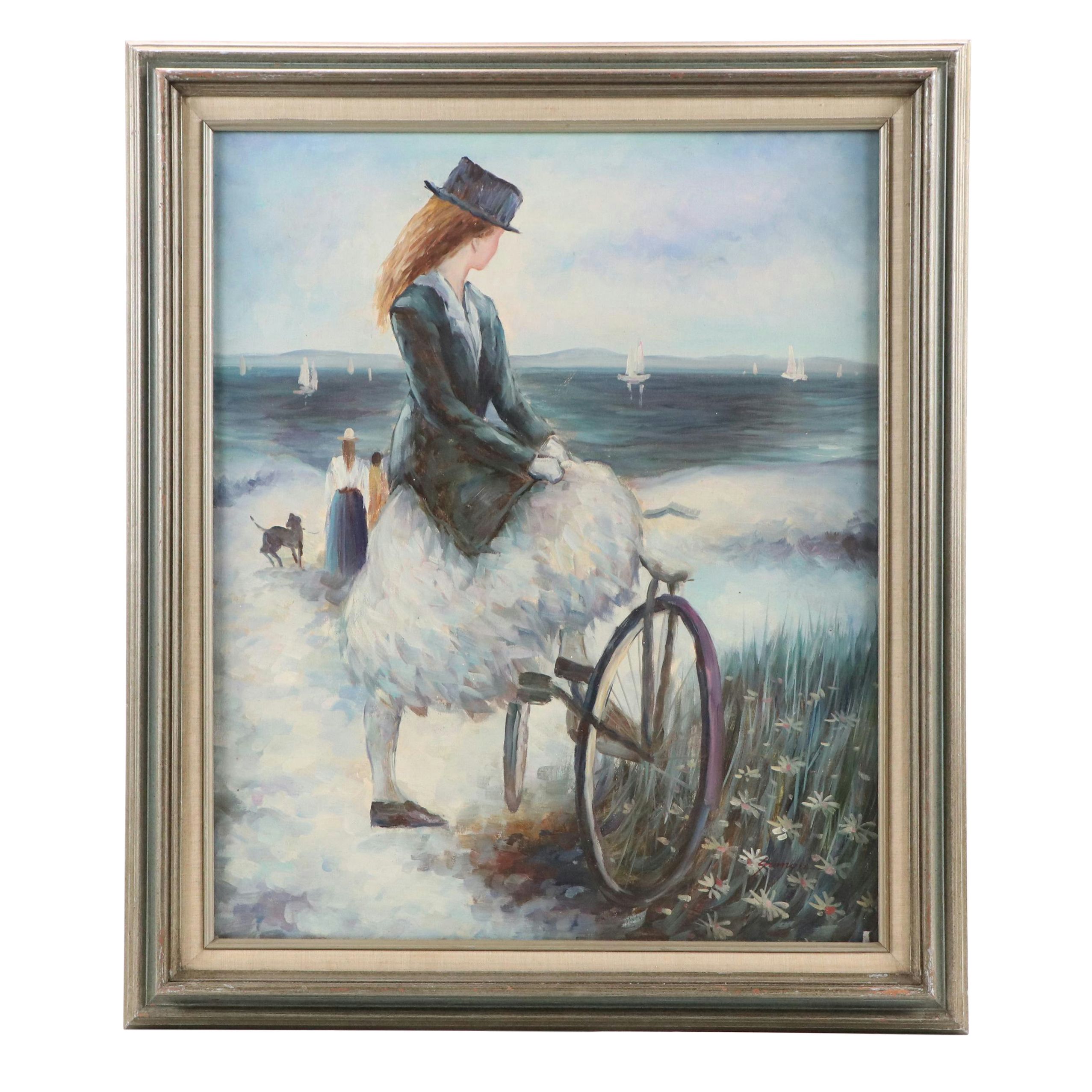 Simon Impressionist Coastal Scene Oil Painting of Woman and Bicycle
