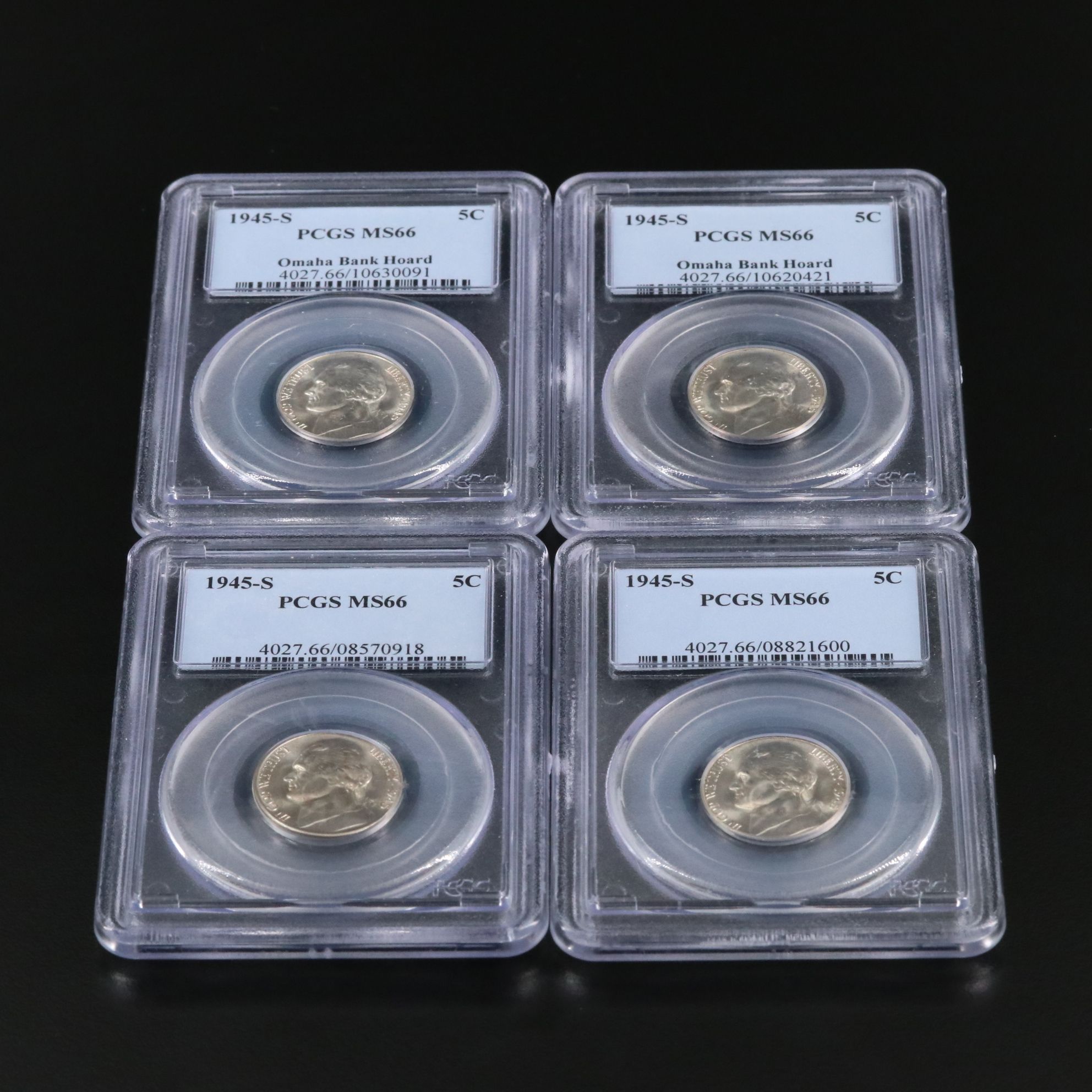 Four PCGS Graded MS66 1945-S WWII Silver Jefferson Nickels