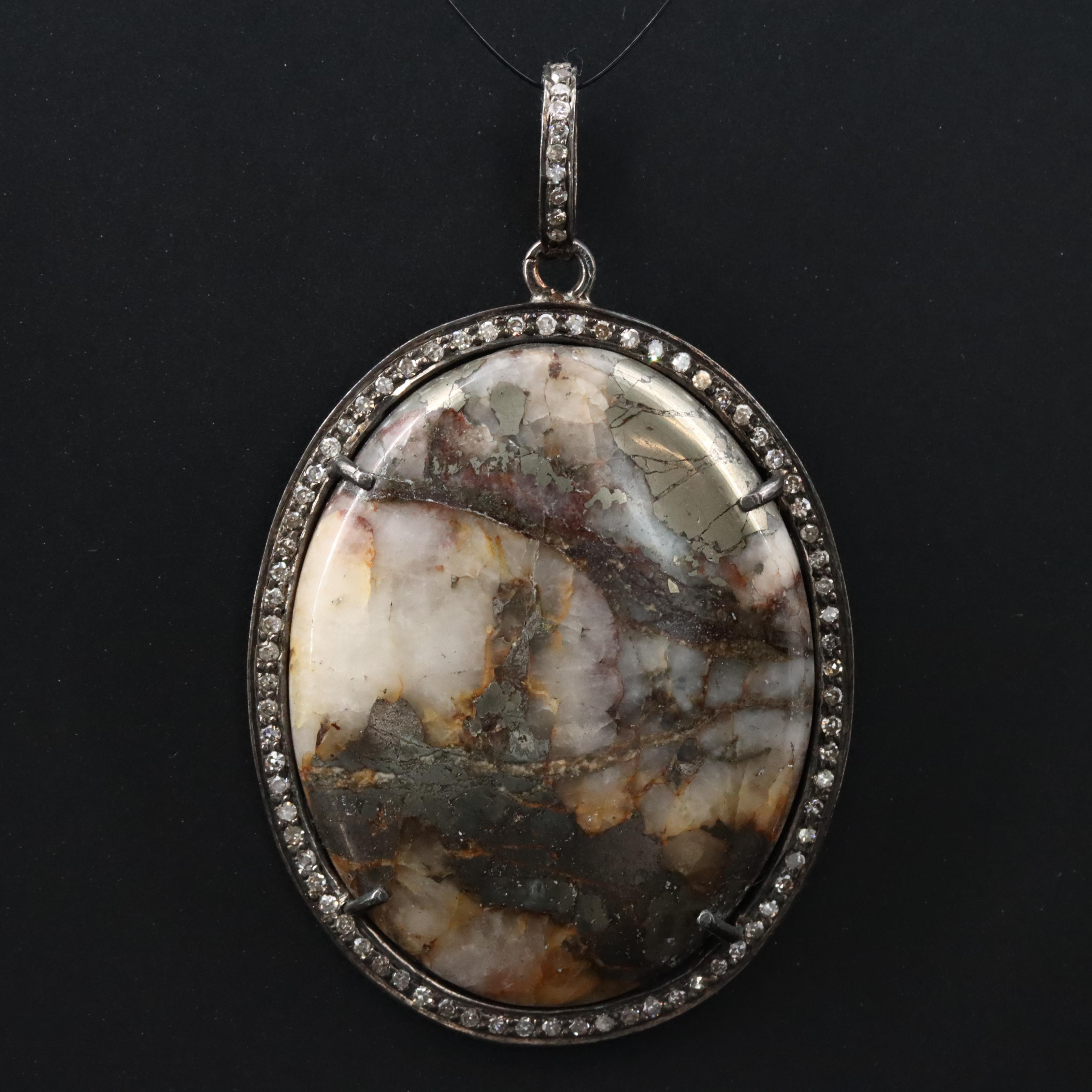 Sterling Pyrite in Quartz and Diamond Pendant Attributed to Sheryl Lowe