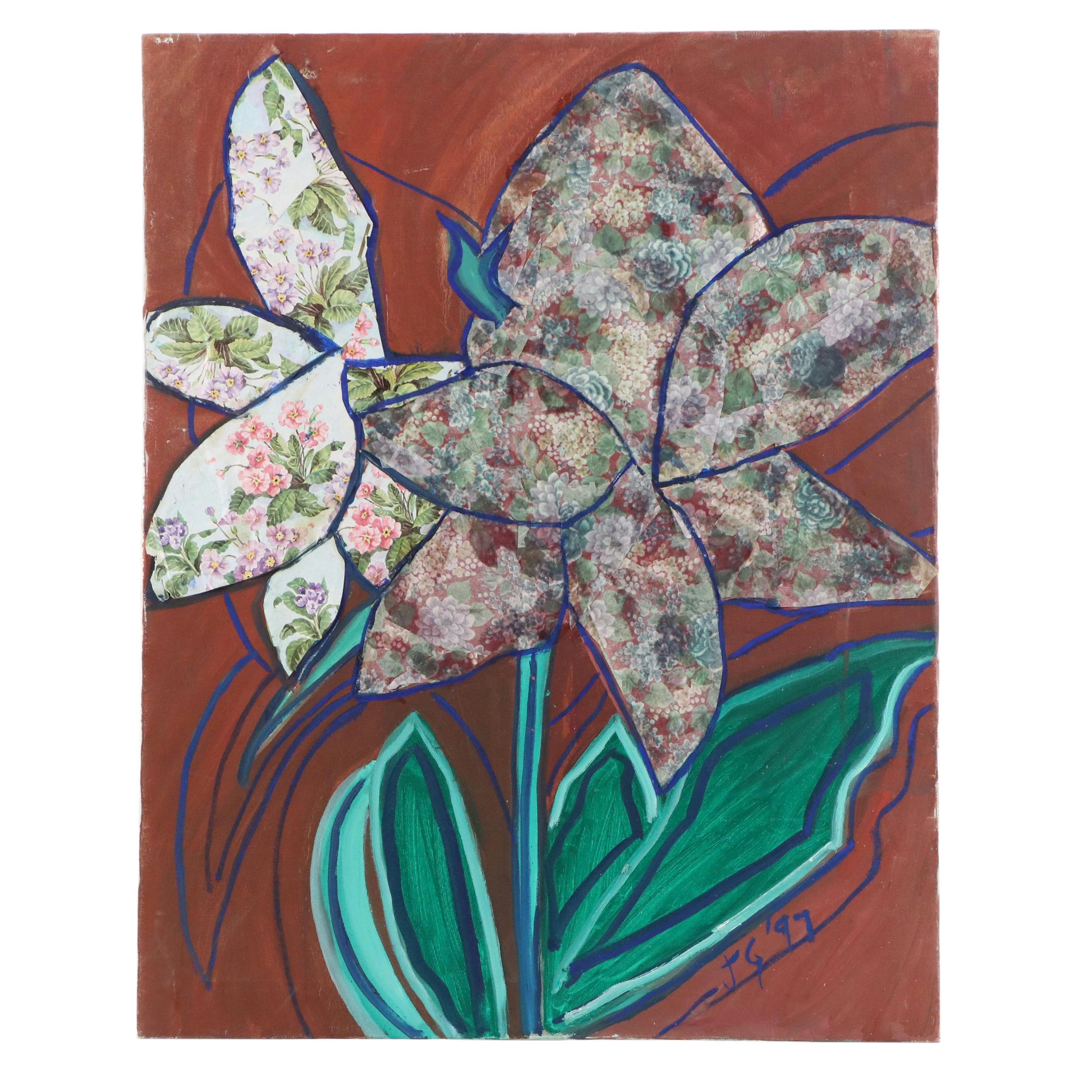 Janice Guttman Mixed Media Painting of Flowers, 1997