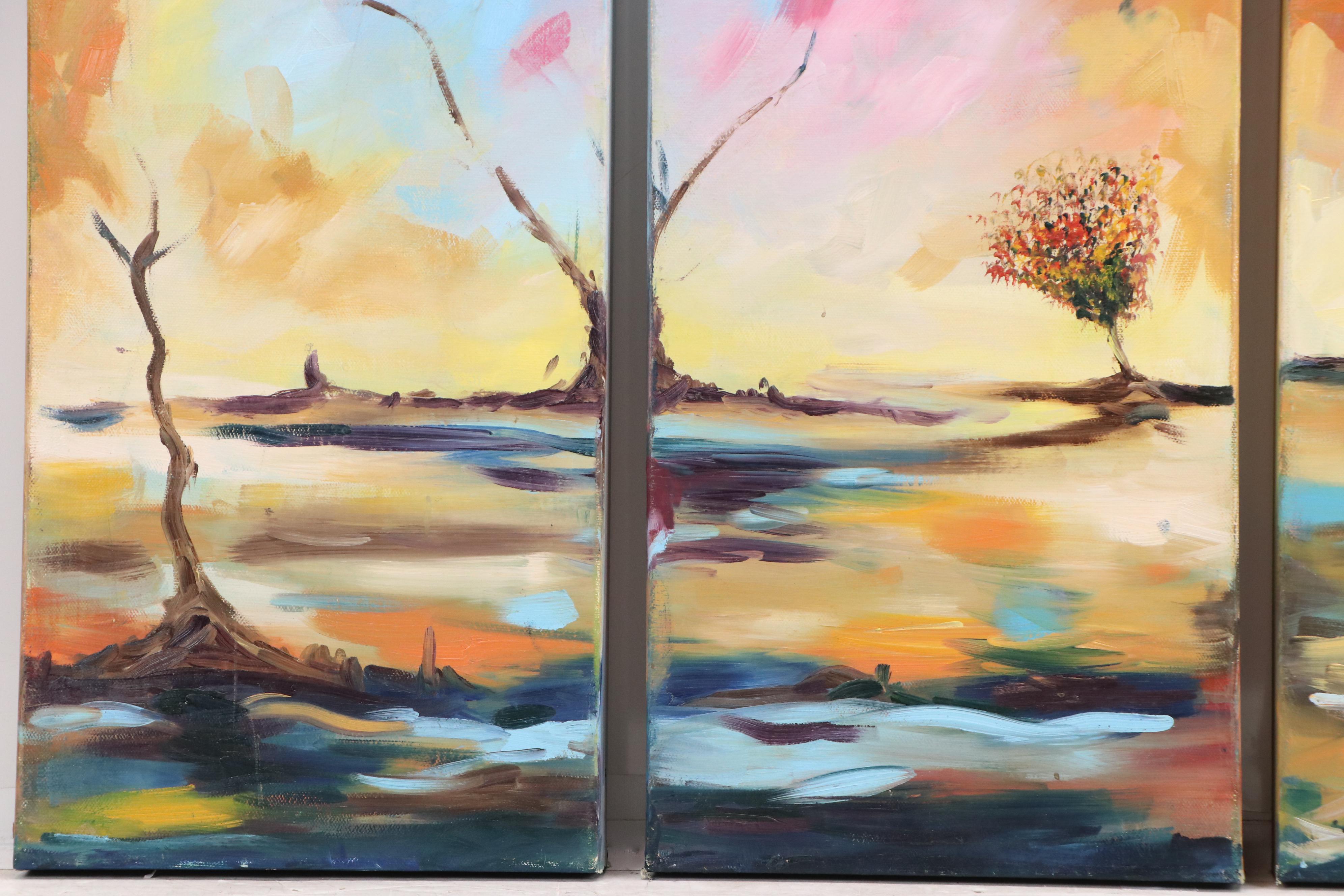 Adedotun Adesida Landscape Oil Painting Triptych with Trees, 2020