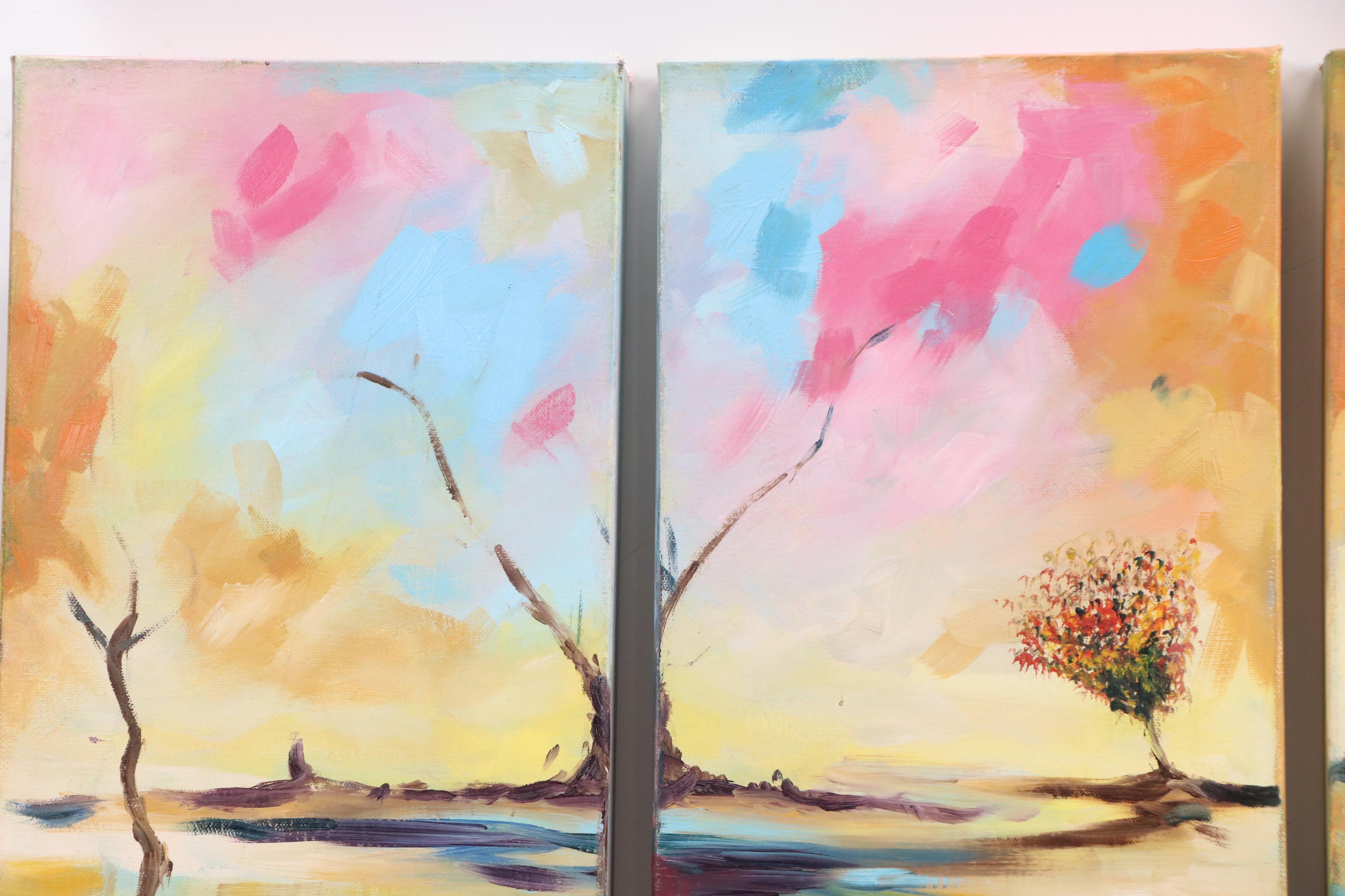 Adedotun Adesida Landscape Oil Painting Triptych with Trees, 2020