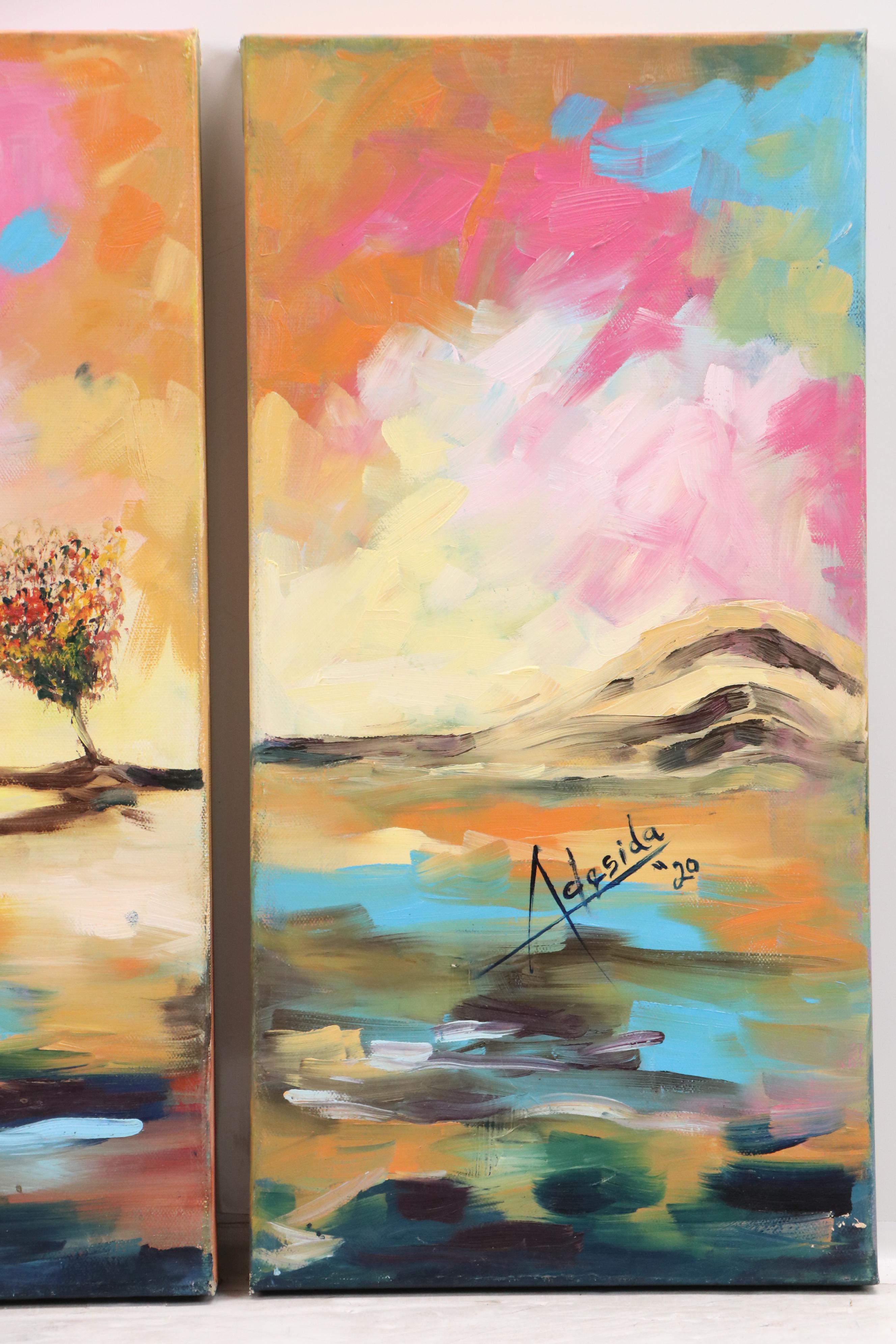Adedotun Adesida Landscape Oil Painting Triptych with Trees, 2020