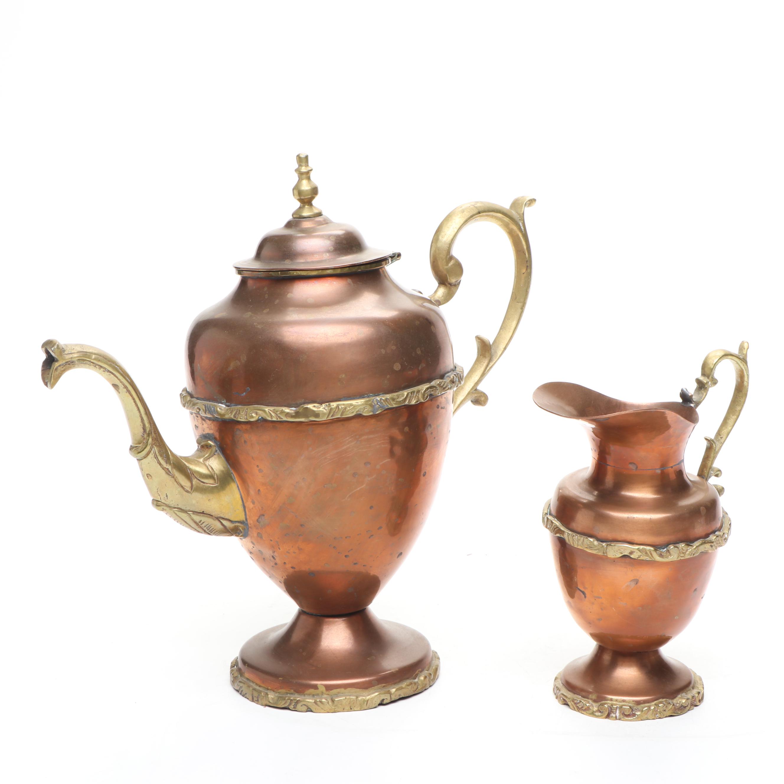 Anglo Indian Style Copper and Brass Tea Set, 20th Century