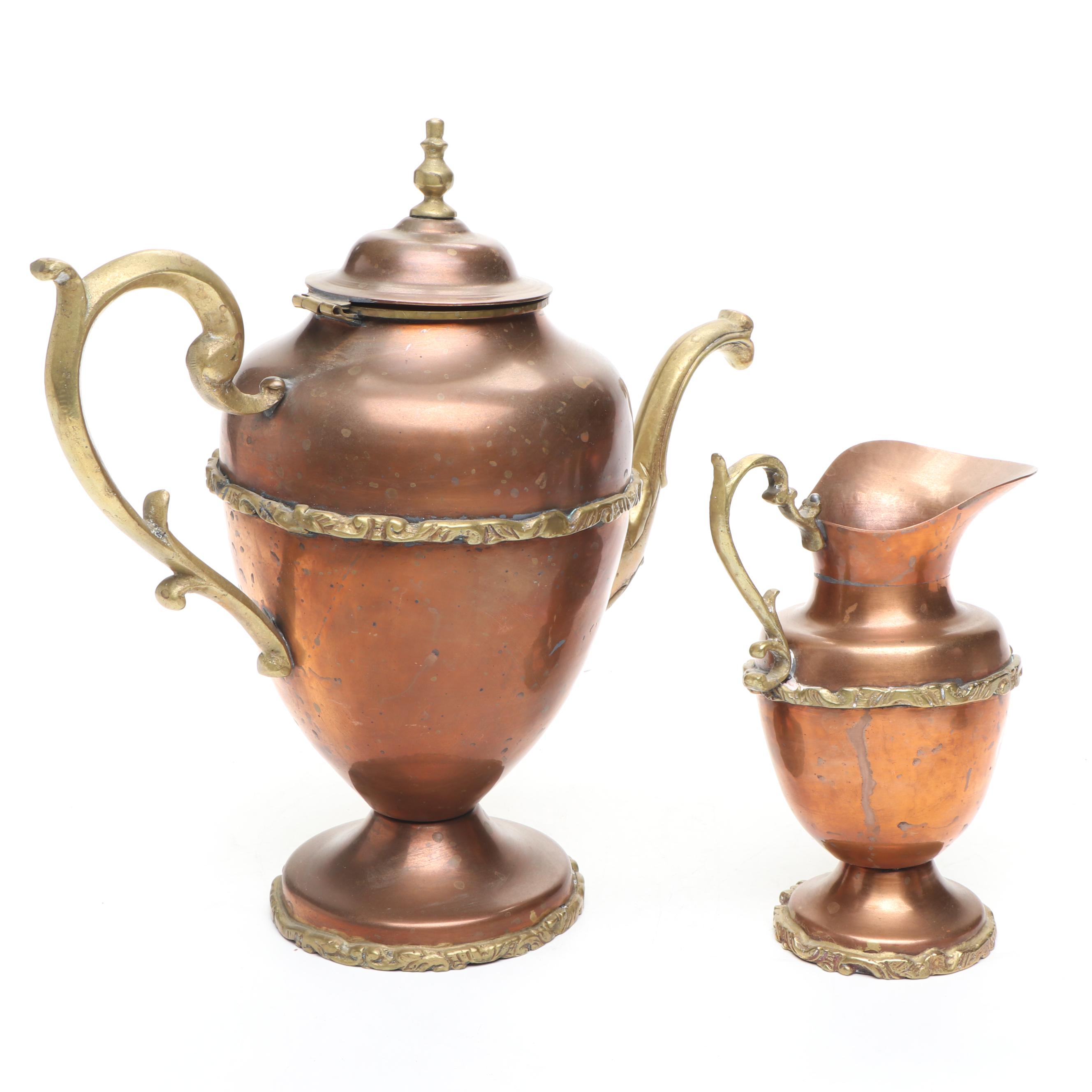 Anglo Indian Style Copper and Brass Tea Set, 20th Century