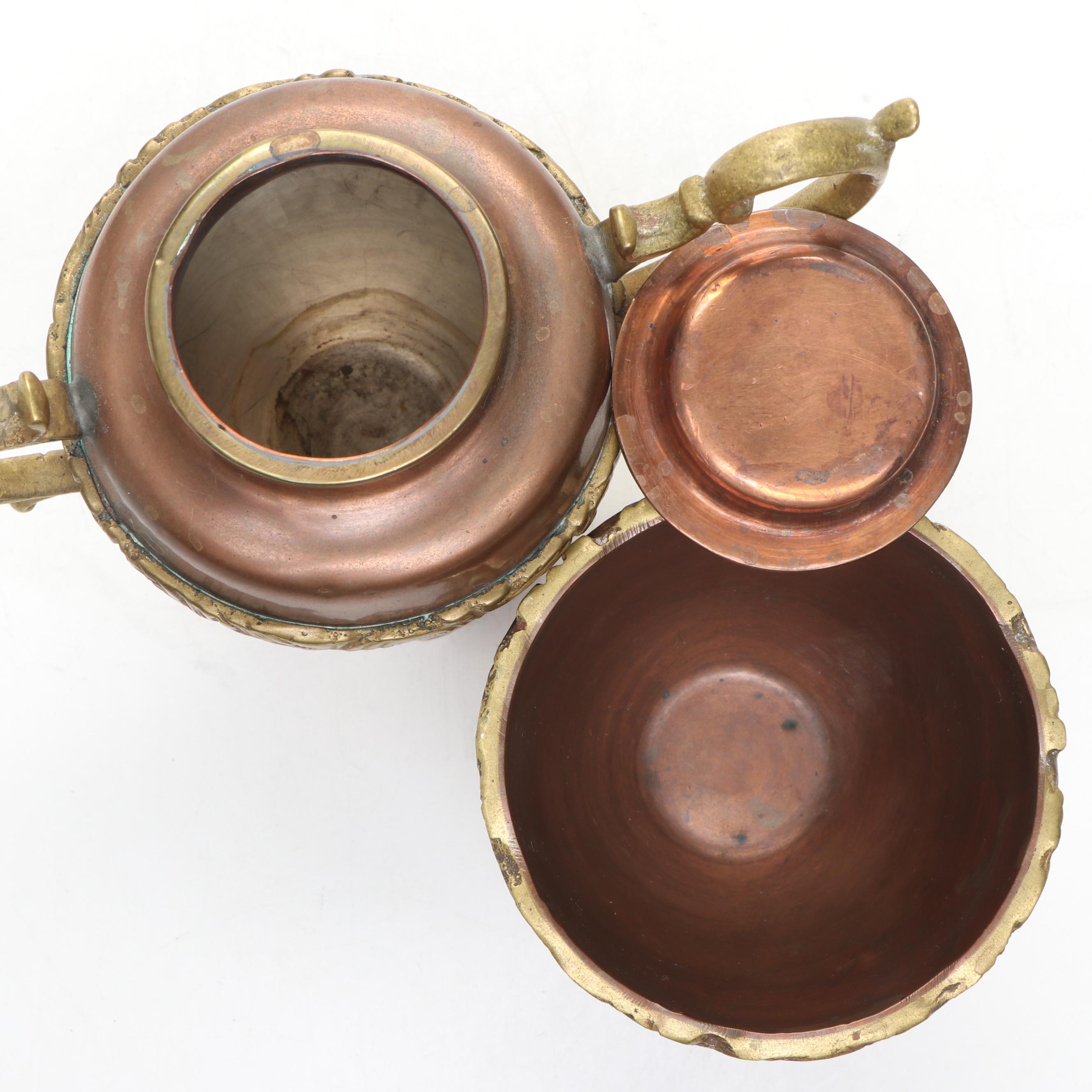 Anglo Indian Style Copper and Brass Tea Set, 20th Century