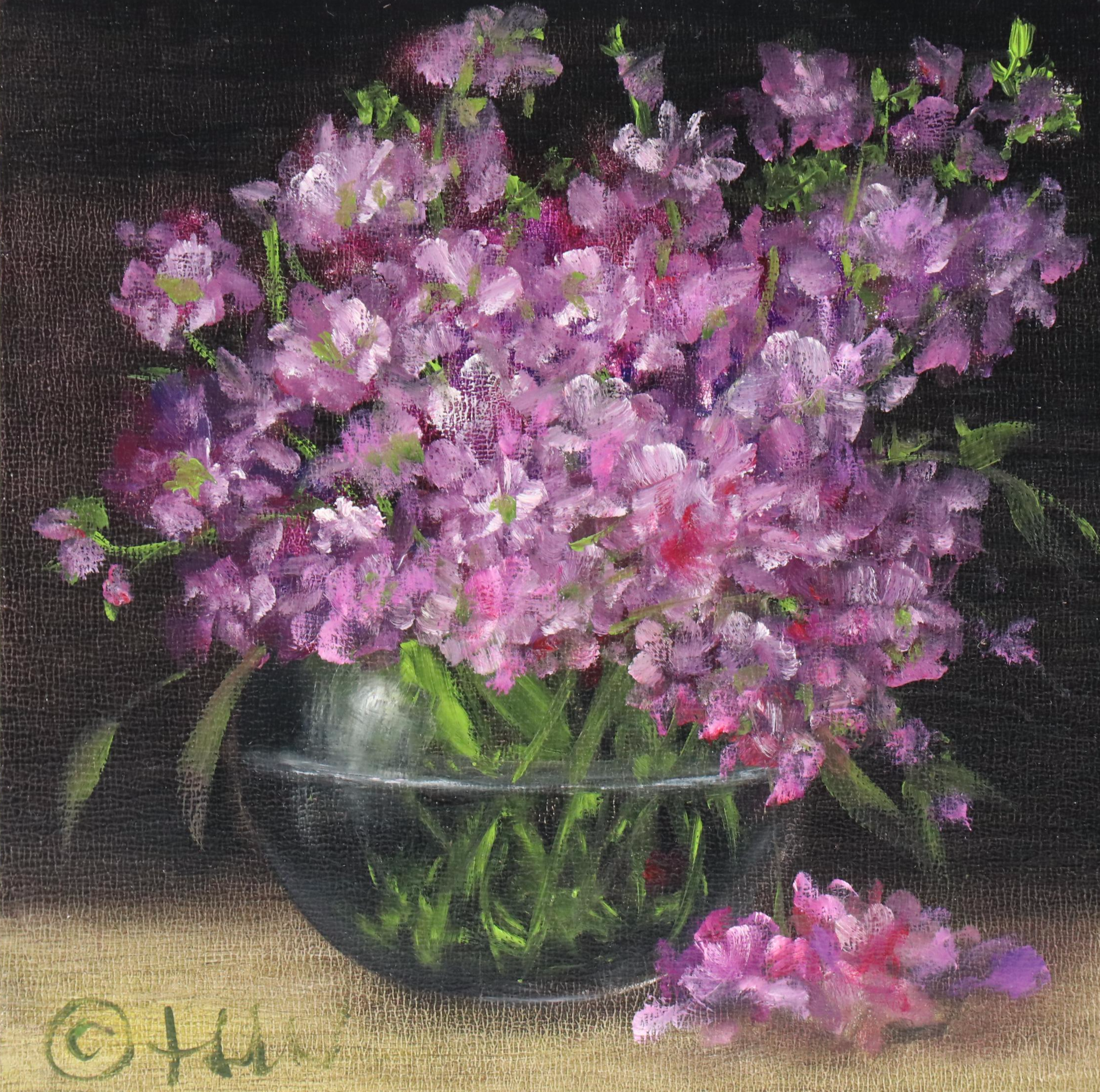 Thu-Thuy Tran Floral Still Life Oil Painting "Matthiolas and Glass Vase," 2025
