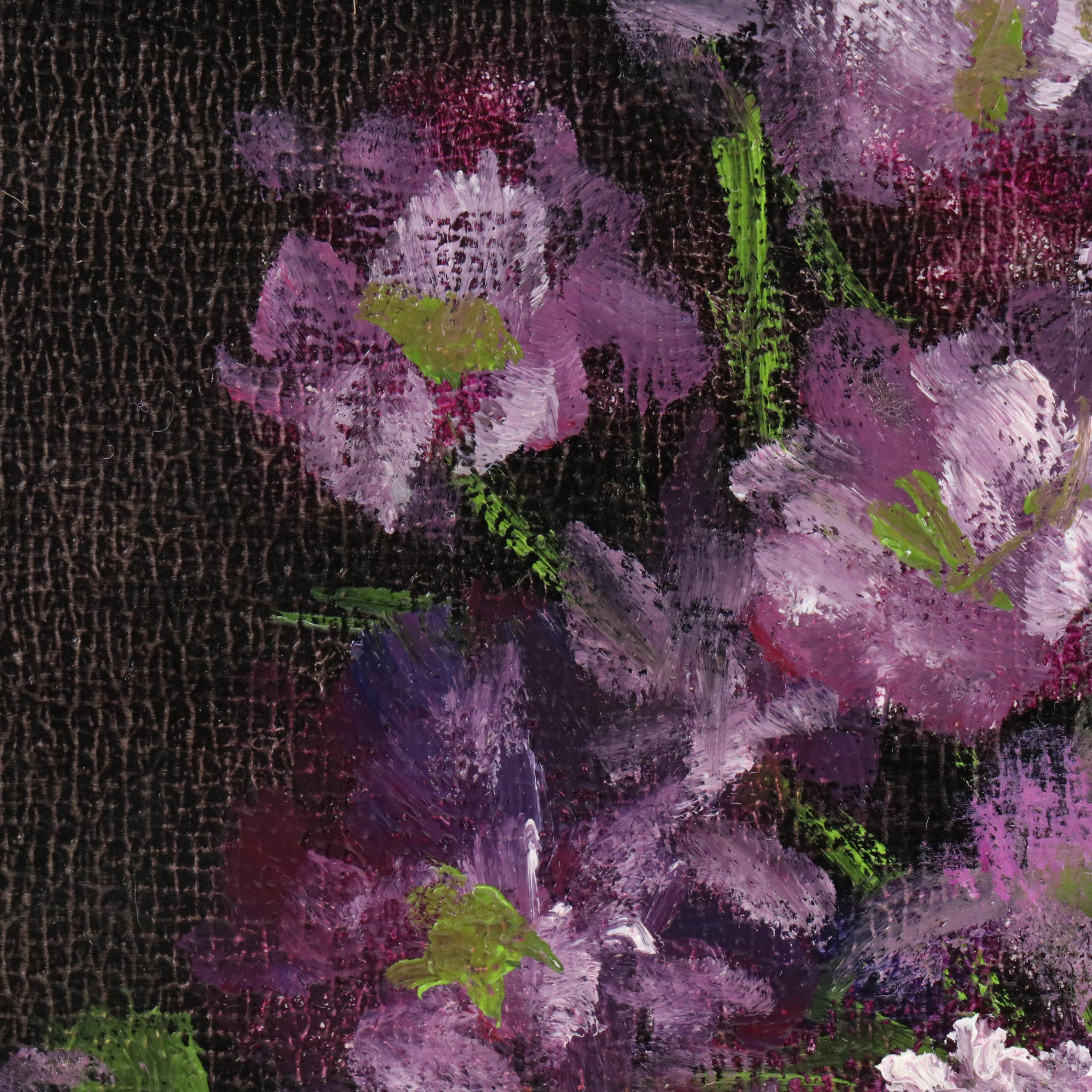 Thu-Thuy Tran Floral Still Life Oil Painting "Matthiolas and Glass Vase," 2025