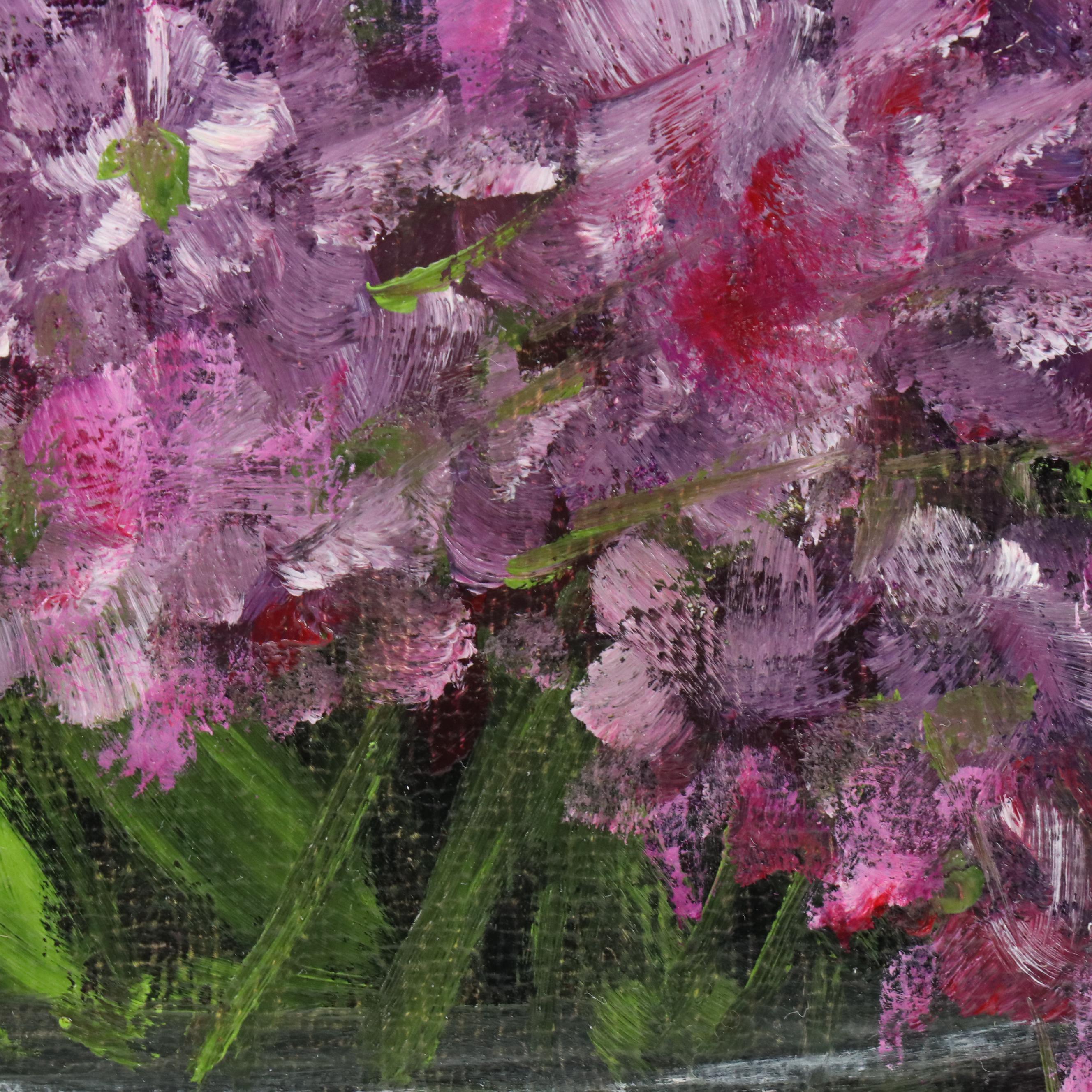 Thu-Thuy Tran Floral Still Life Oil Painting "Matthiolas and Glass Vase," 2025