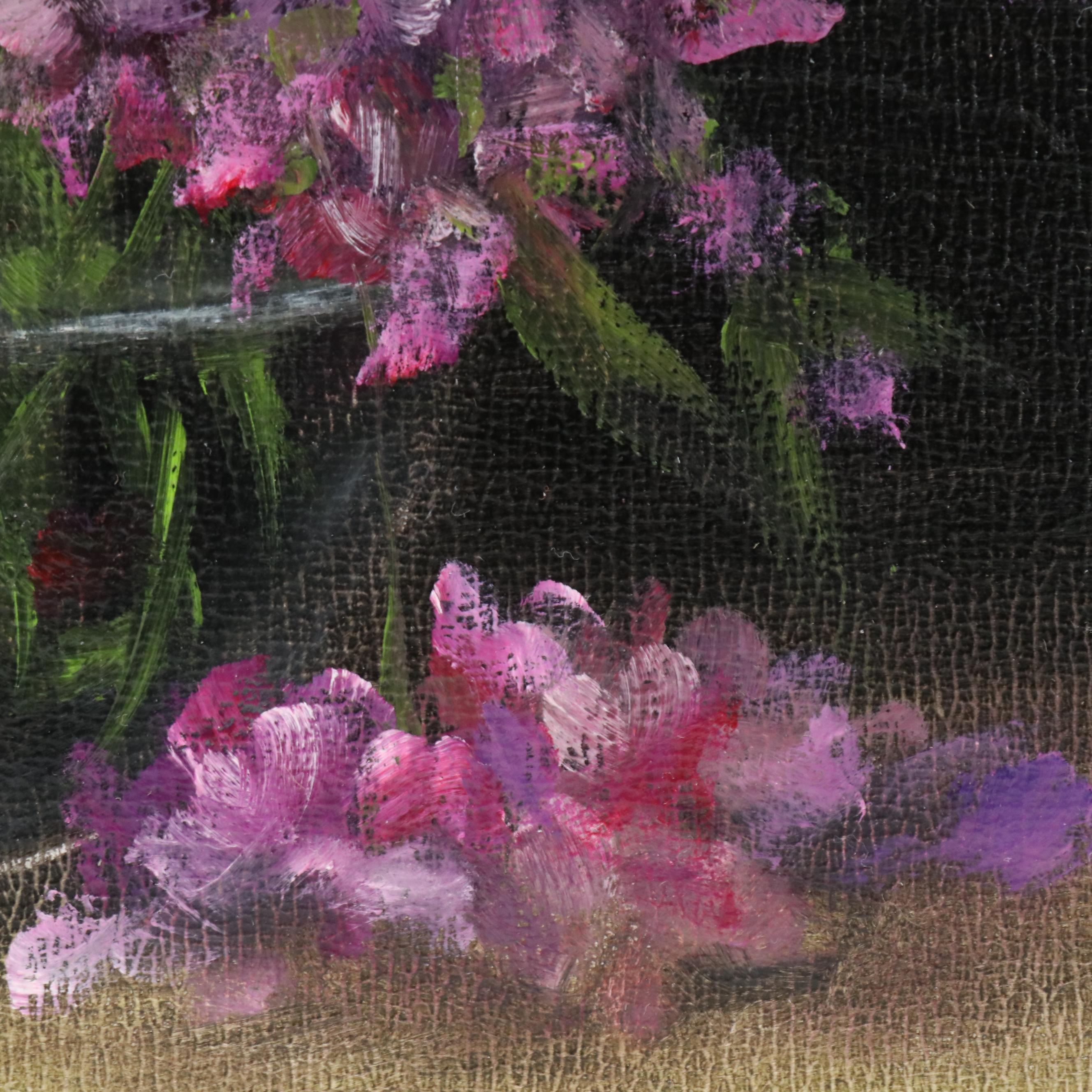 Thu-Thuy Tran Floral Still Life Oil Painting "Matthiolas and Glass Vase," 2025